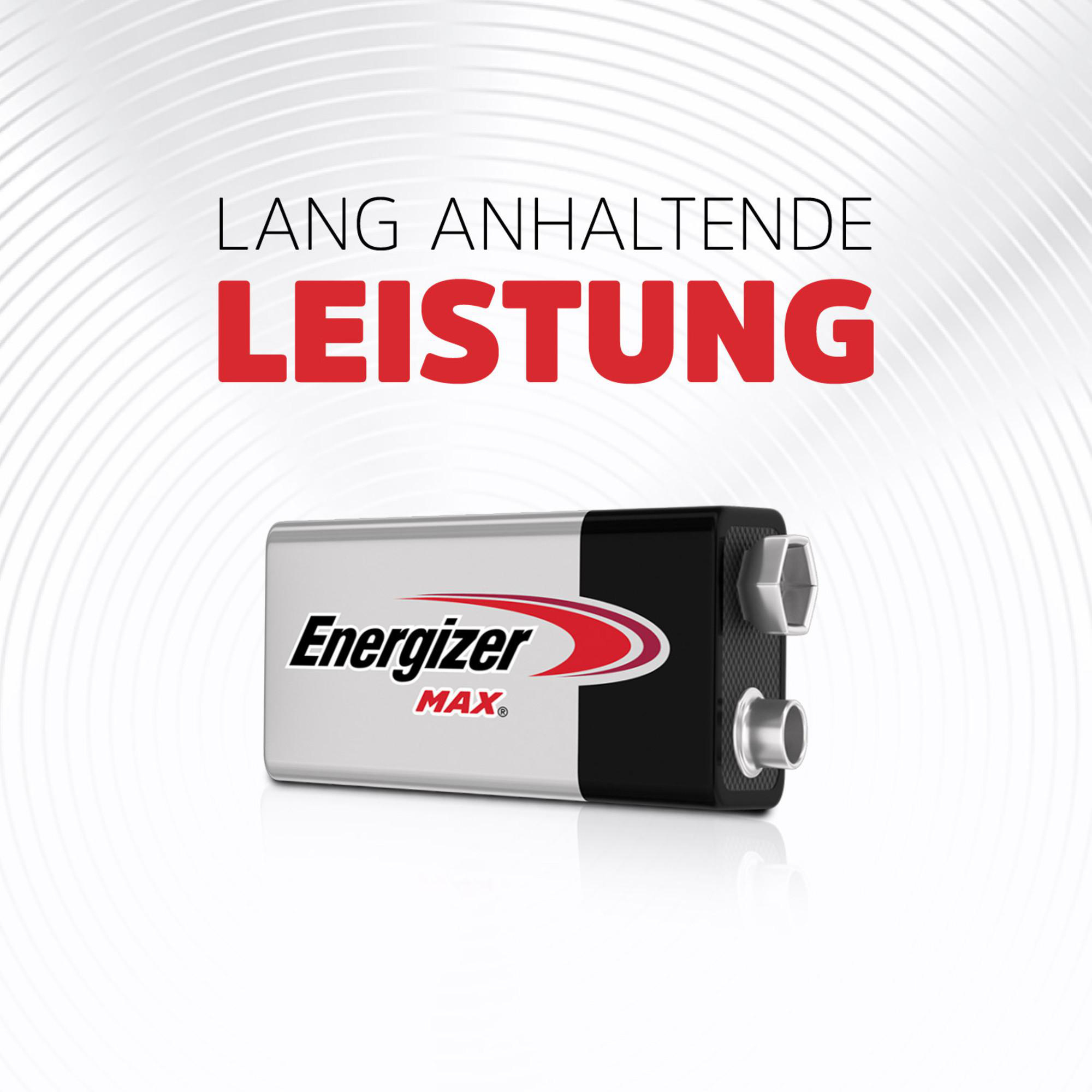 Energizer Max Batterie mit Text 'LANG ANHALTENDE LEISTUNG'.