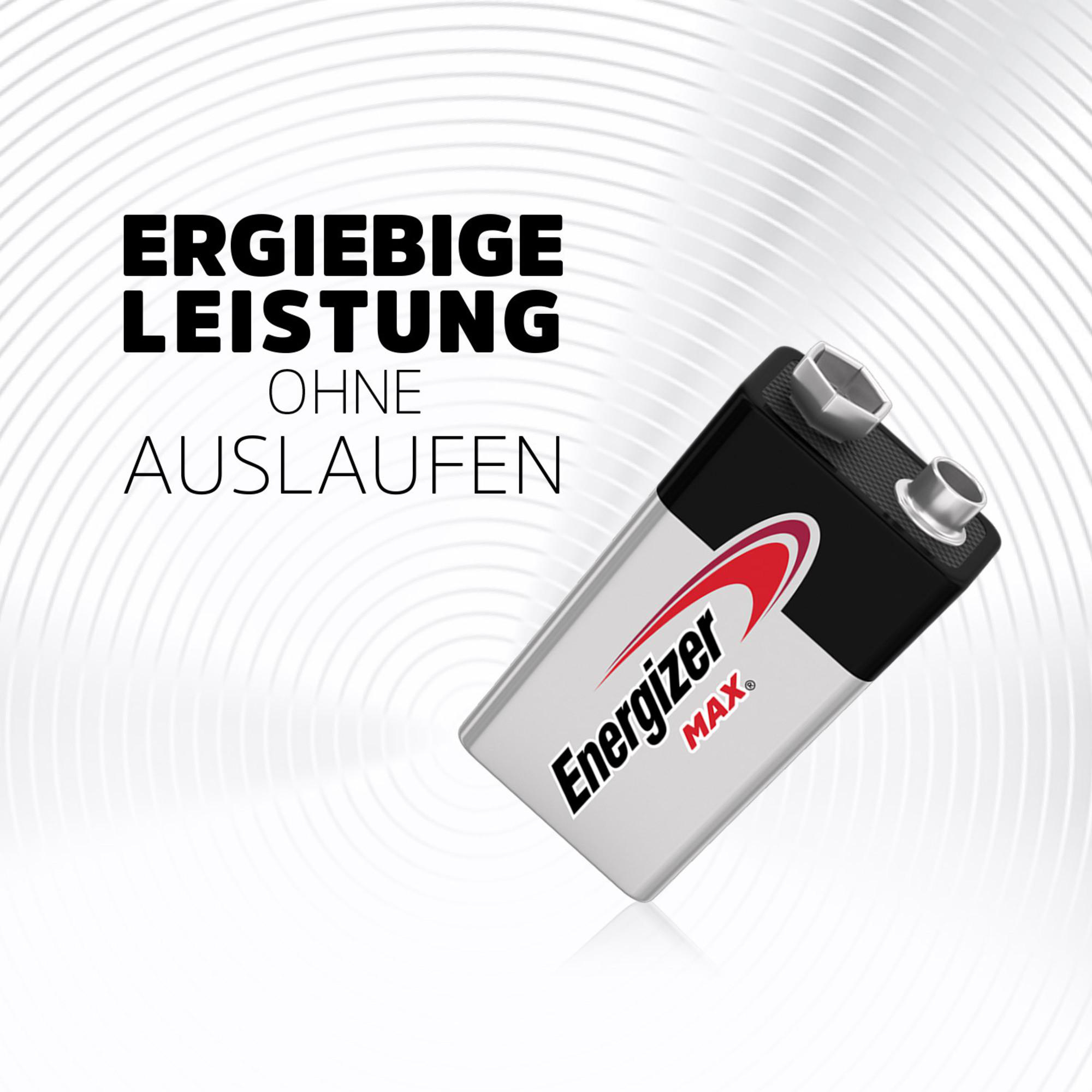 Energizer MAX 9V Batterie mit Text "ERGIEBIGE LEISTUNG OHNE AUSLAUFEN".
