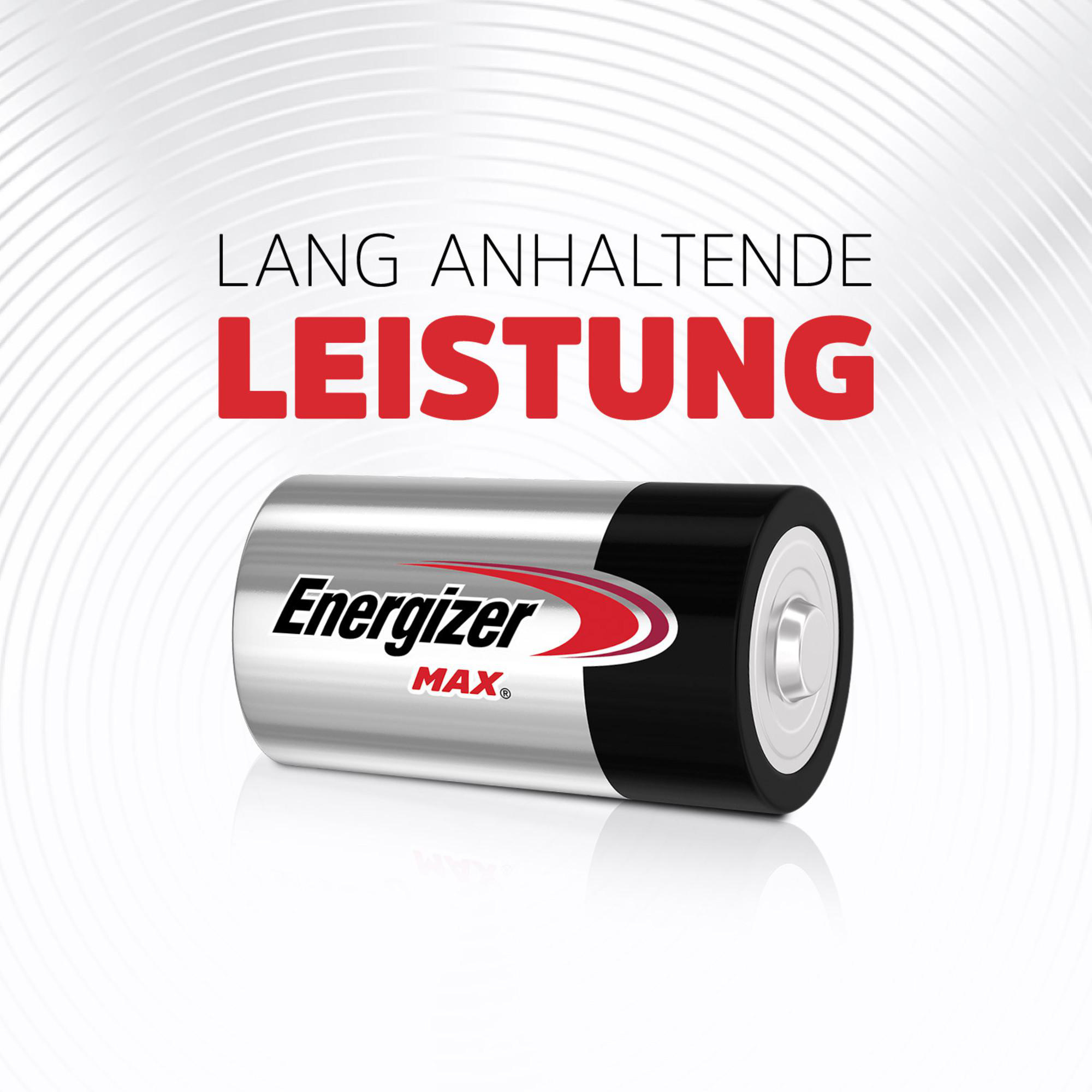 Energizer MAX Batterie mit Text 'Lang anhaltende Leistung'.