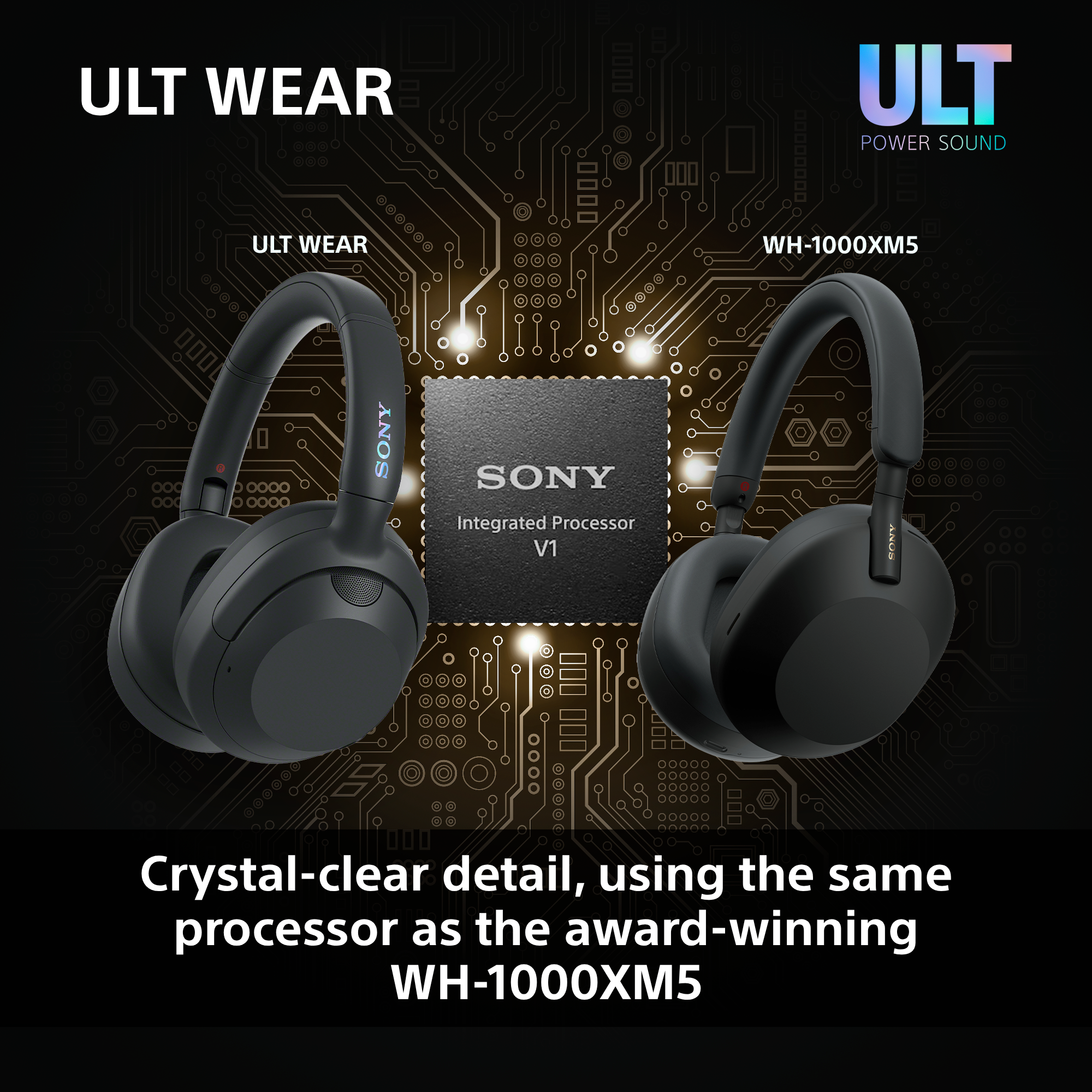 Zwei Sony Kopfhörer mit integriertem Prozessor V1 auf Leiterplattenhintergrund.