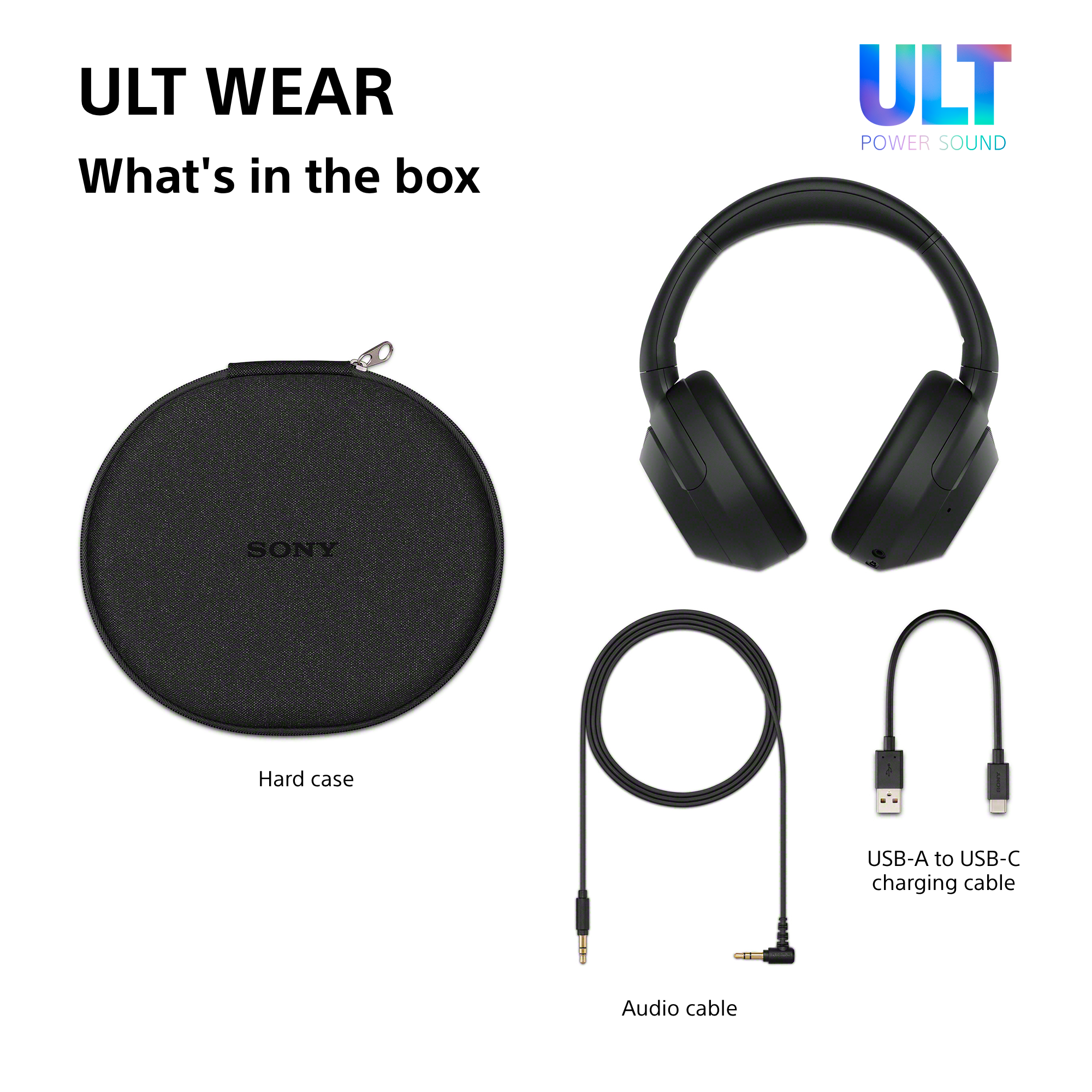 Schwarze Kopfhörer mit Zubehör: Hartschalenkoffer, Audiokabel, USB-A zu USB-C Ladekabel.