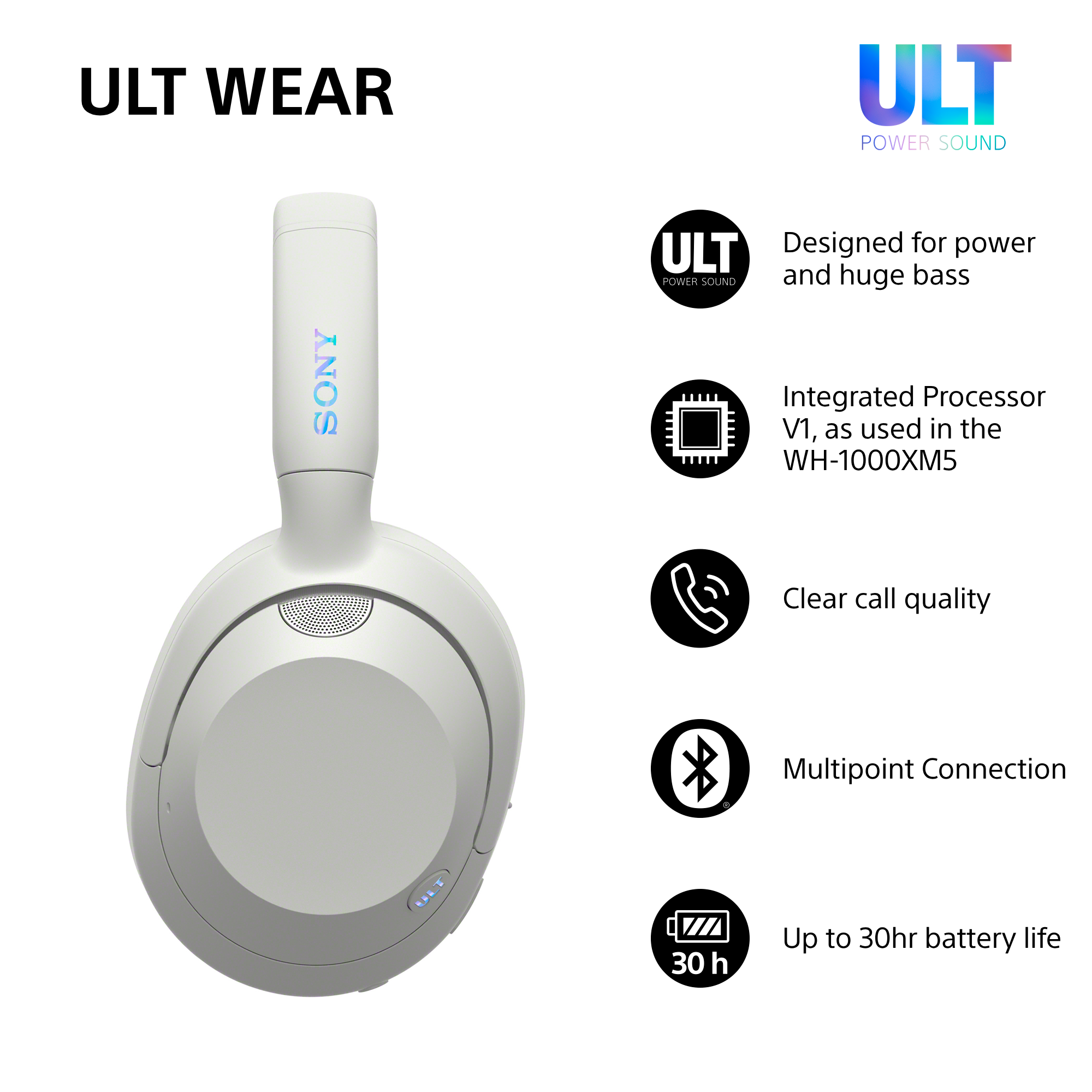 Weiße Sony ULT WEAR Kopfhörer mit Funktionen wie Power Sound, V1-Prozessor, klaren Anrufen, Multipoint, 30h Akku.