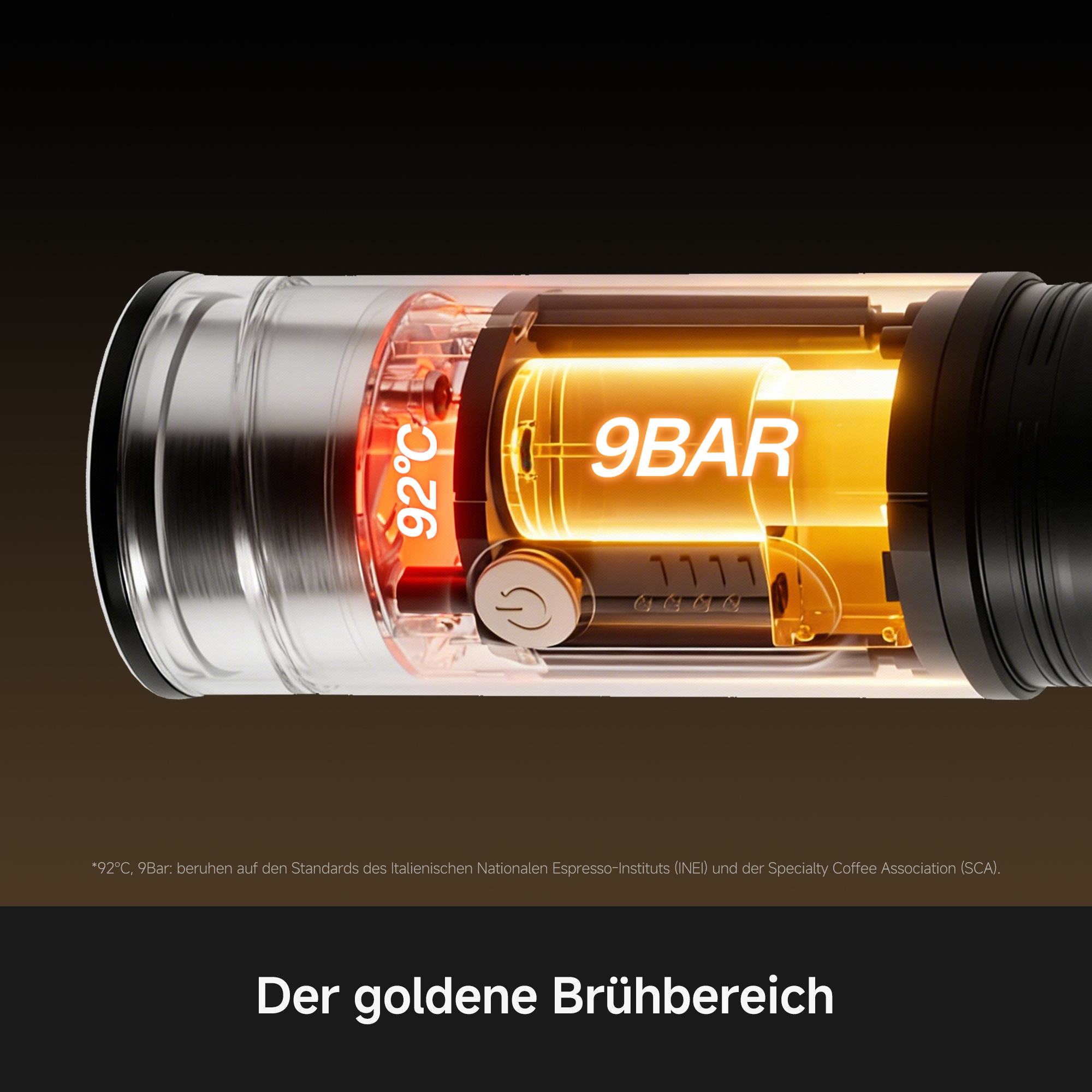 Detailaufnahme einer Kaffeemaschine, die 92°C und 9 Bar anzeigt.