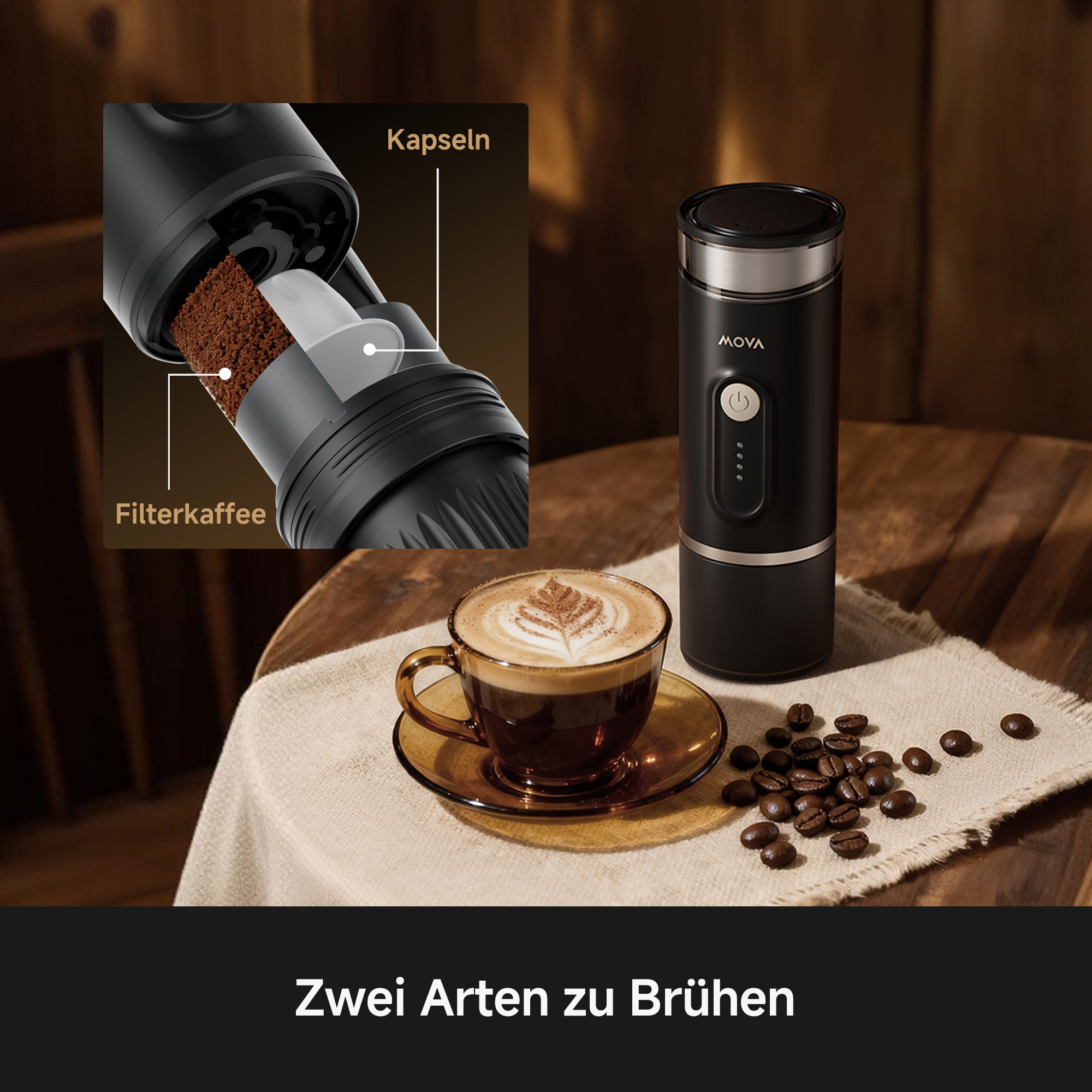Ein tragbarer Kaffeezubereiter mit Kaffee, Bohnen und einem Detailbild.