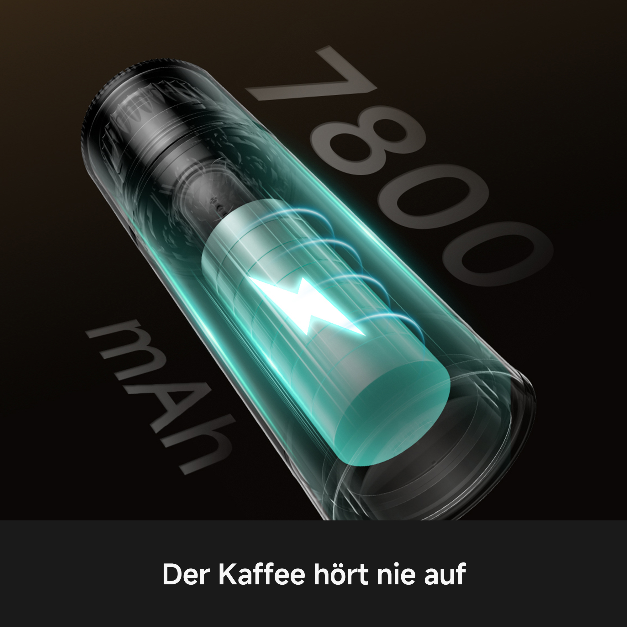 Transparenter Akku mit 1800 mAh und Blitzsymbol, dunkler Hintergrund.