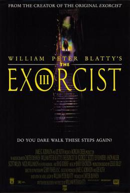 Affiche du film L'Exorciste III, montrant des escaliers et du texte.