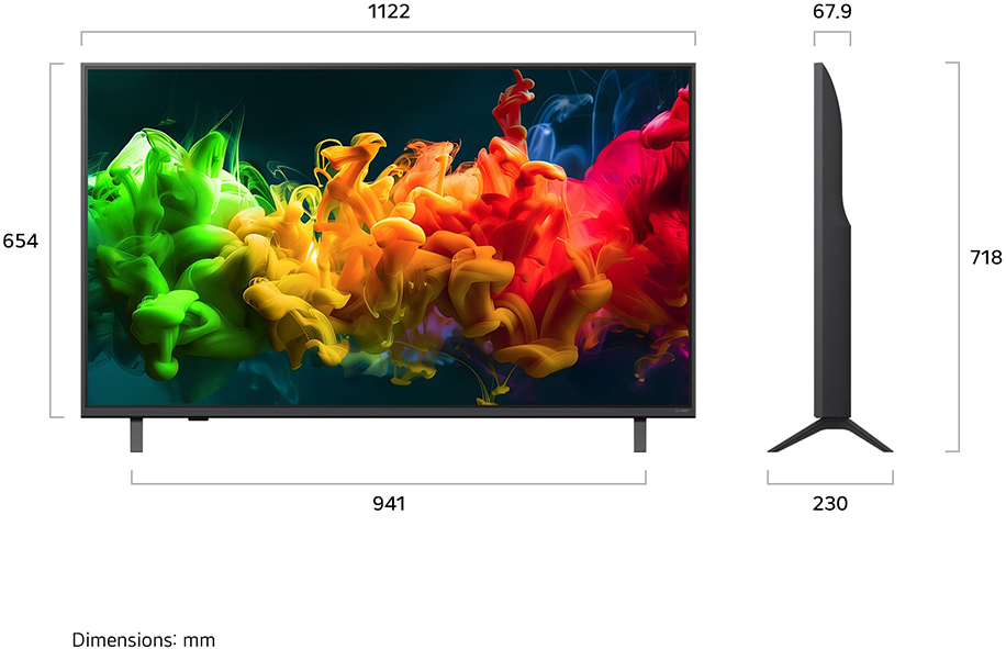 Színes füstfelhőket ábrázoló televízió képernyő méretekkel.