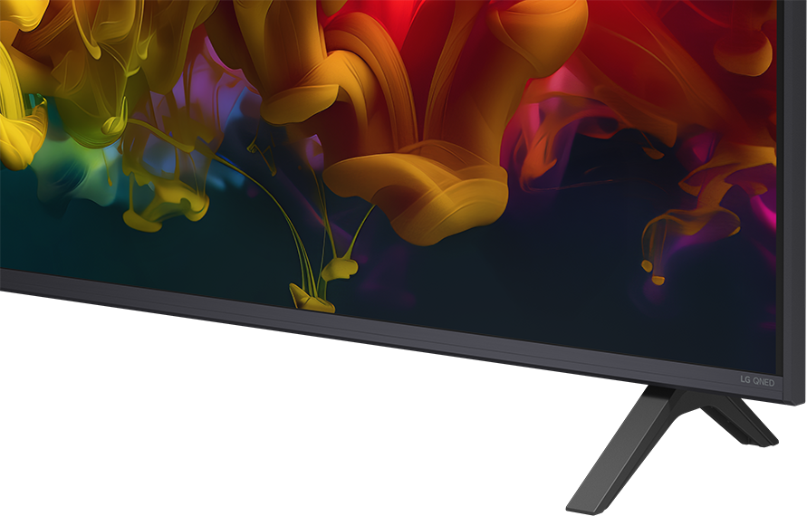 LG QNED TV, amely színes, füstszerű absztrakt formákat mutat sötét háttéren.