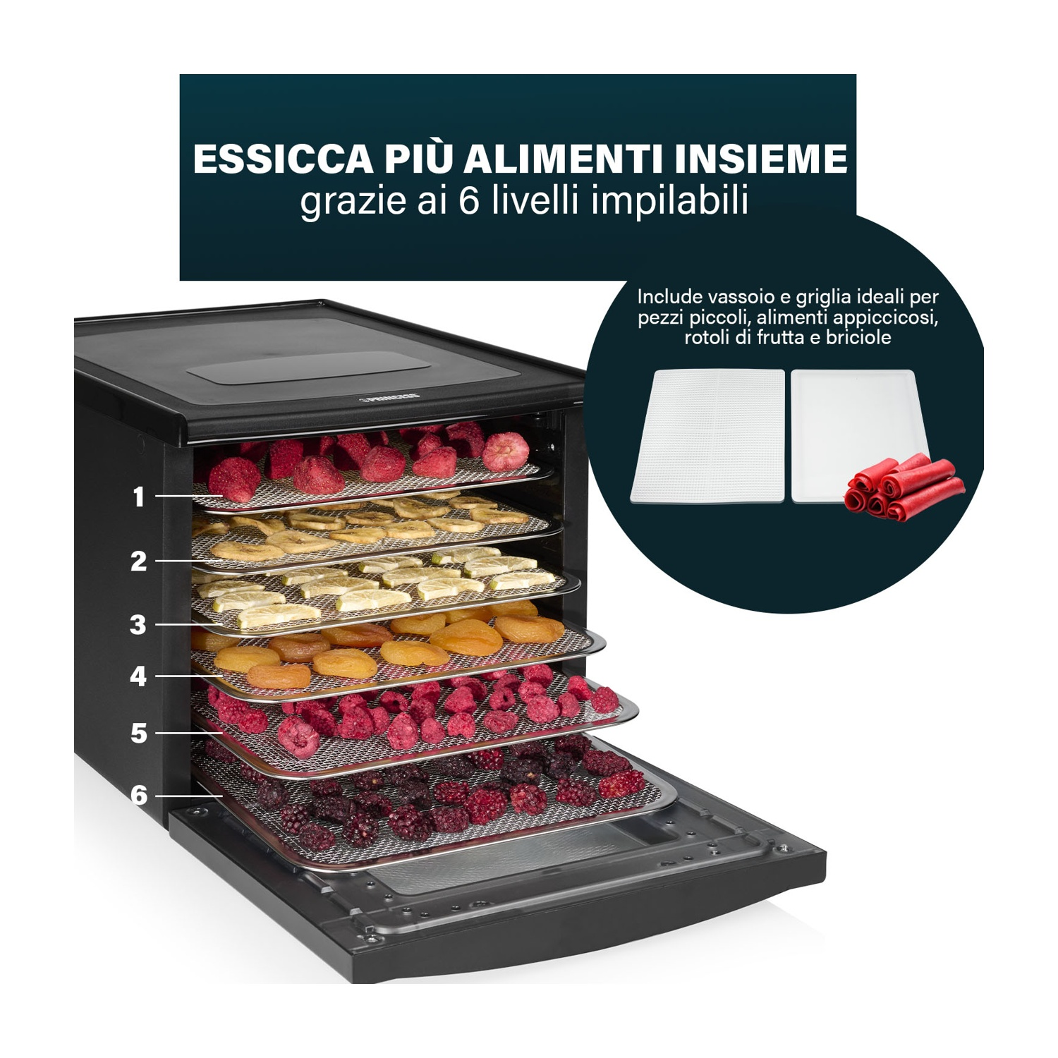 Un essiccatore nero a 6 livelli, riempito con vari frutti e verdure.
