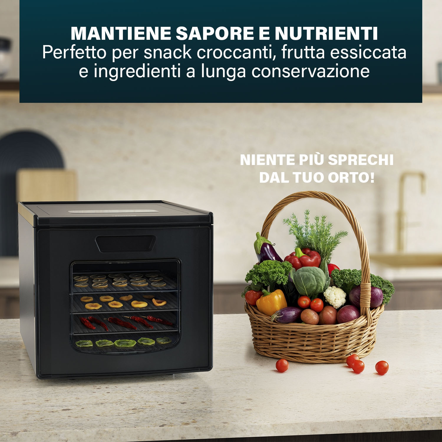 Un essiccatore con frutta essiccata e un cesto di verdure fresche.