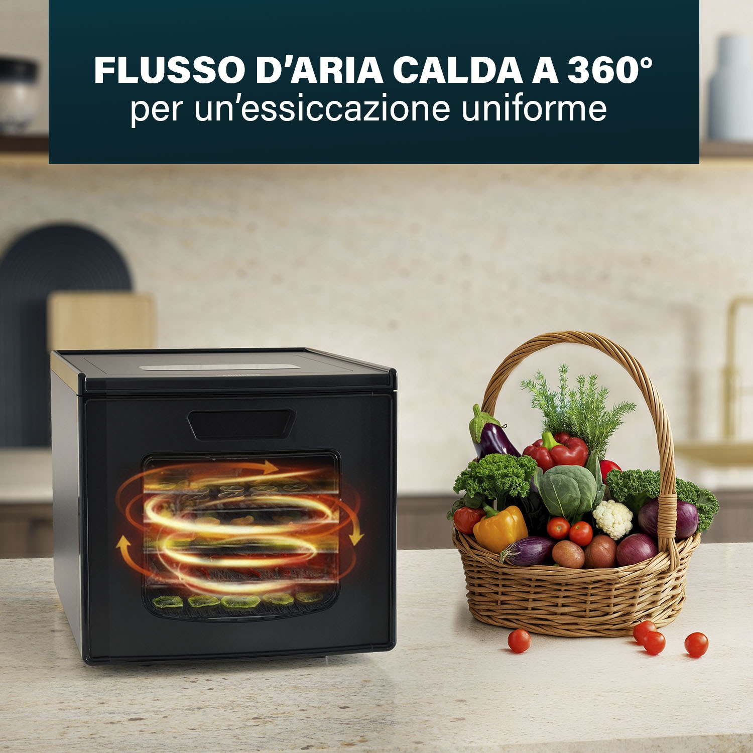 Un essiccatore per alimenti con un cesto di verdure accanto su un piano di lavoro.