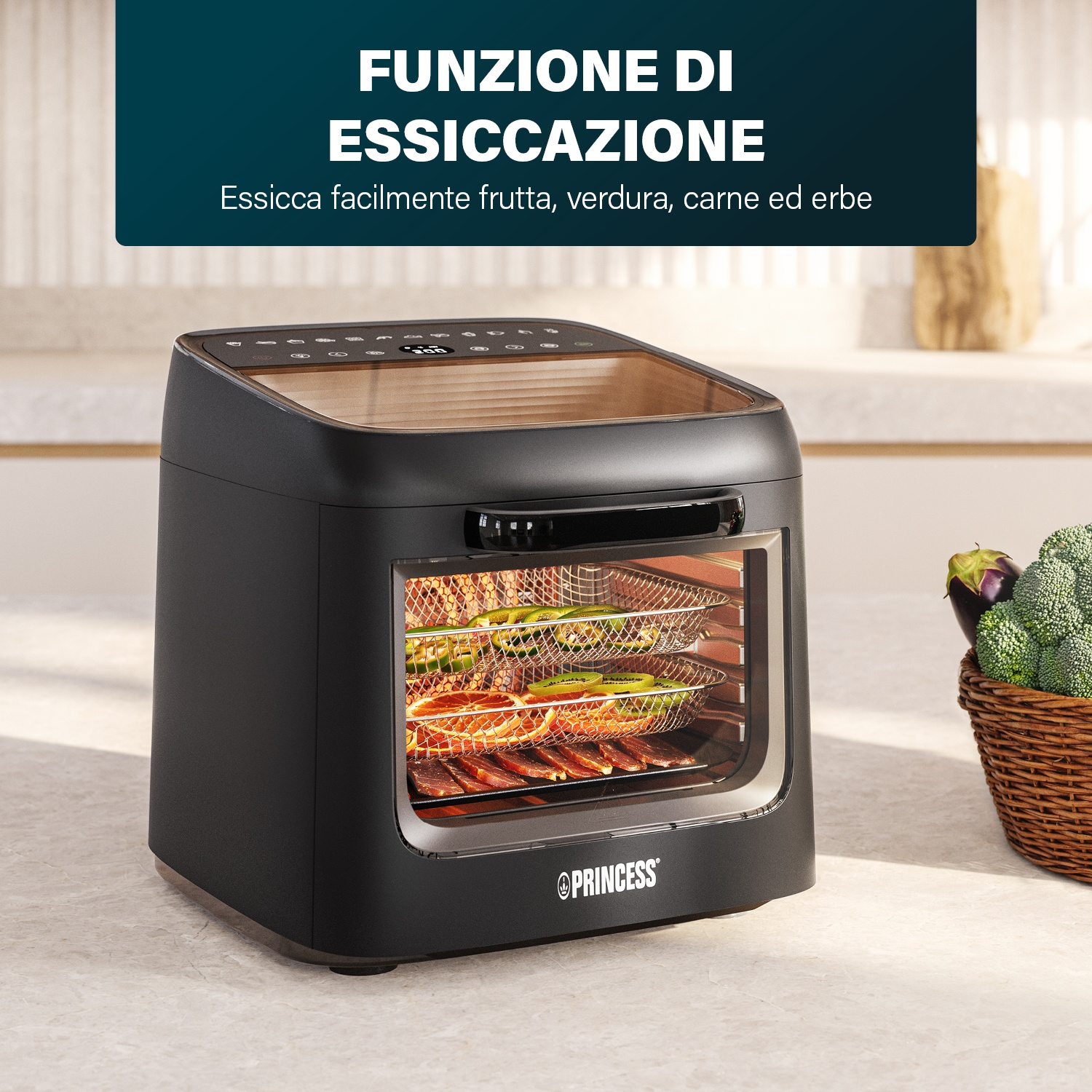 Un essiccatore nero a più livelli carico di frutta e carne.