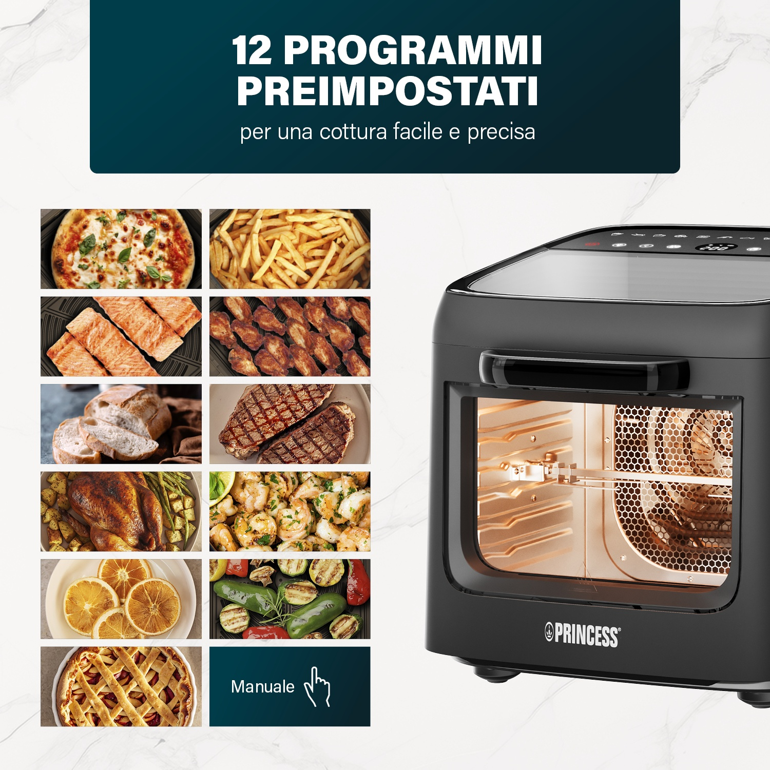 Un forno friggitrice ad aria nero che mostra vari cibi come pizza, salmone e pollo.