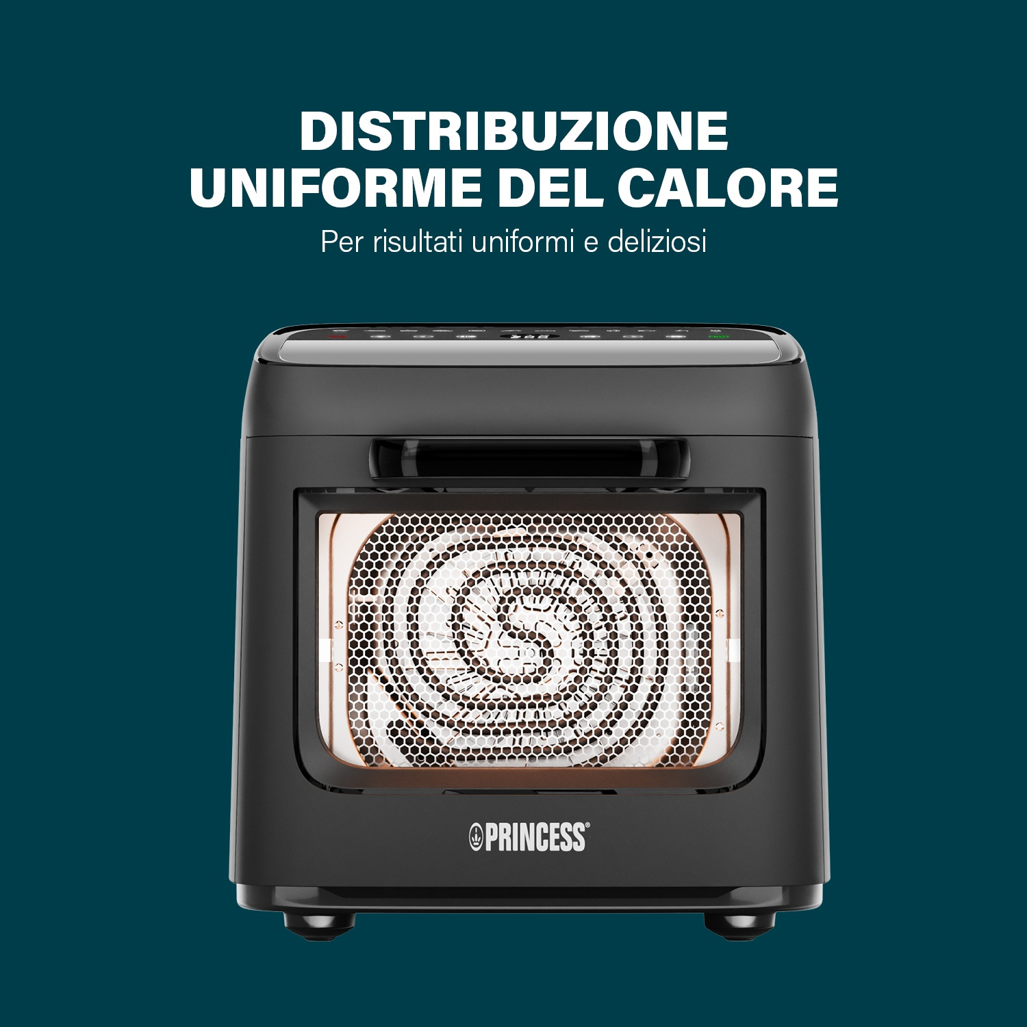 Forno nero con spirale di riscaldamento visibile e motivo a nido d'ape all'interno. Logo in basso.