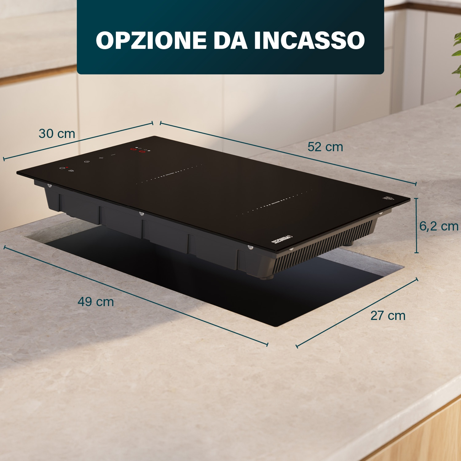 Piano cottura a induzione nero con comandi touch e dimensioni.