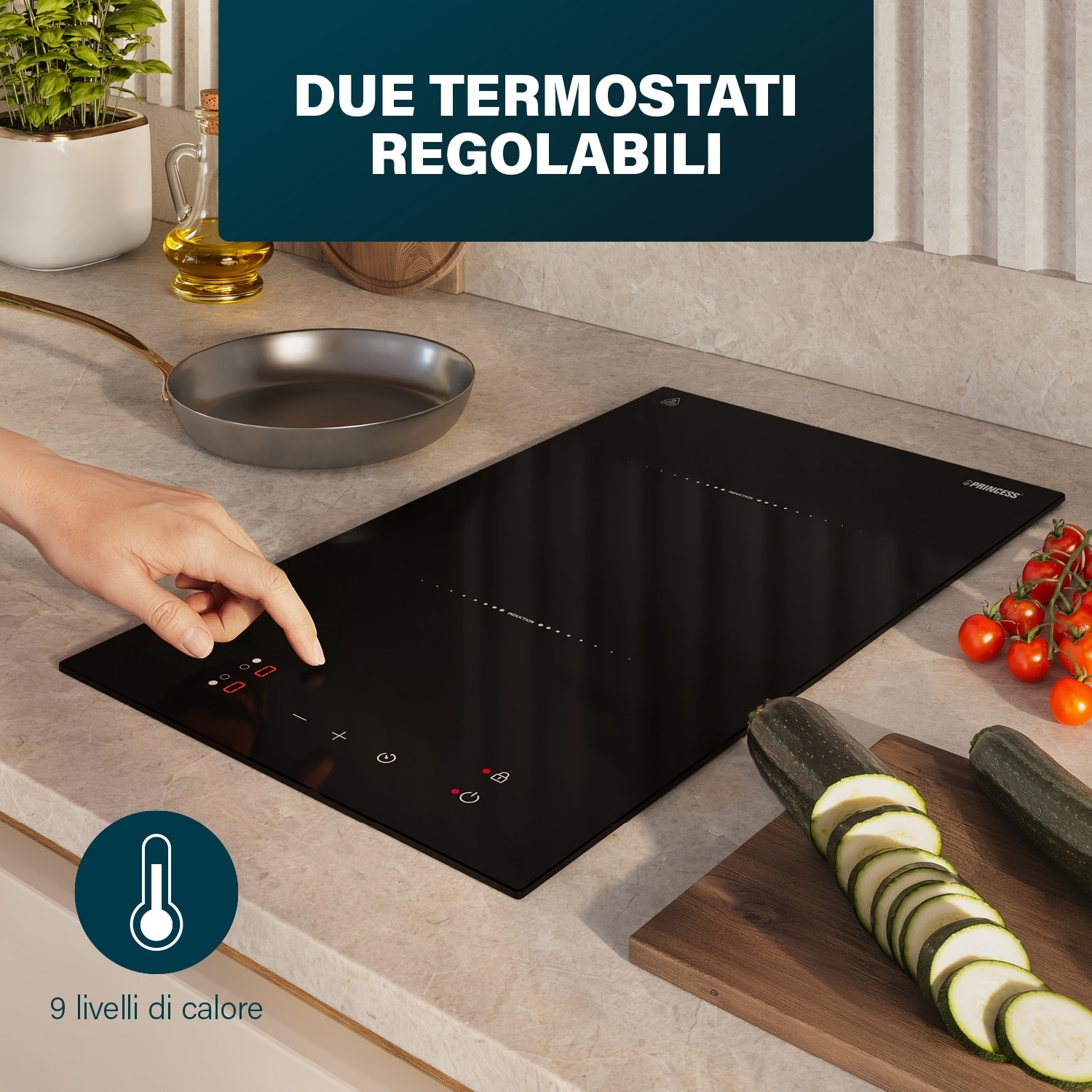 Una mano aziona un piano cottura a induzione nero con display digitali, accanto a pomodori e zucchine.