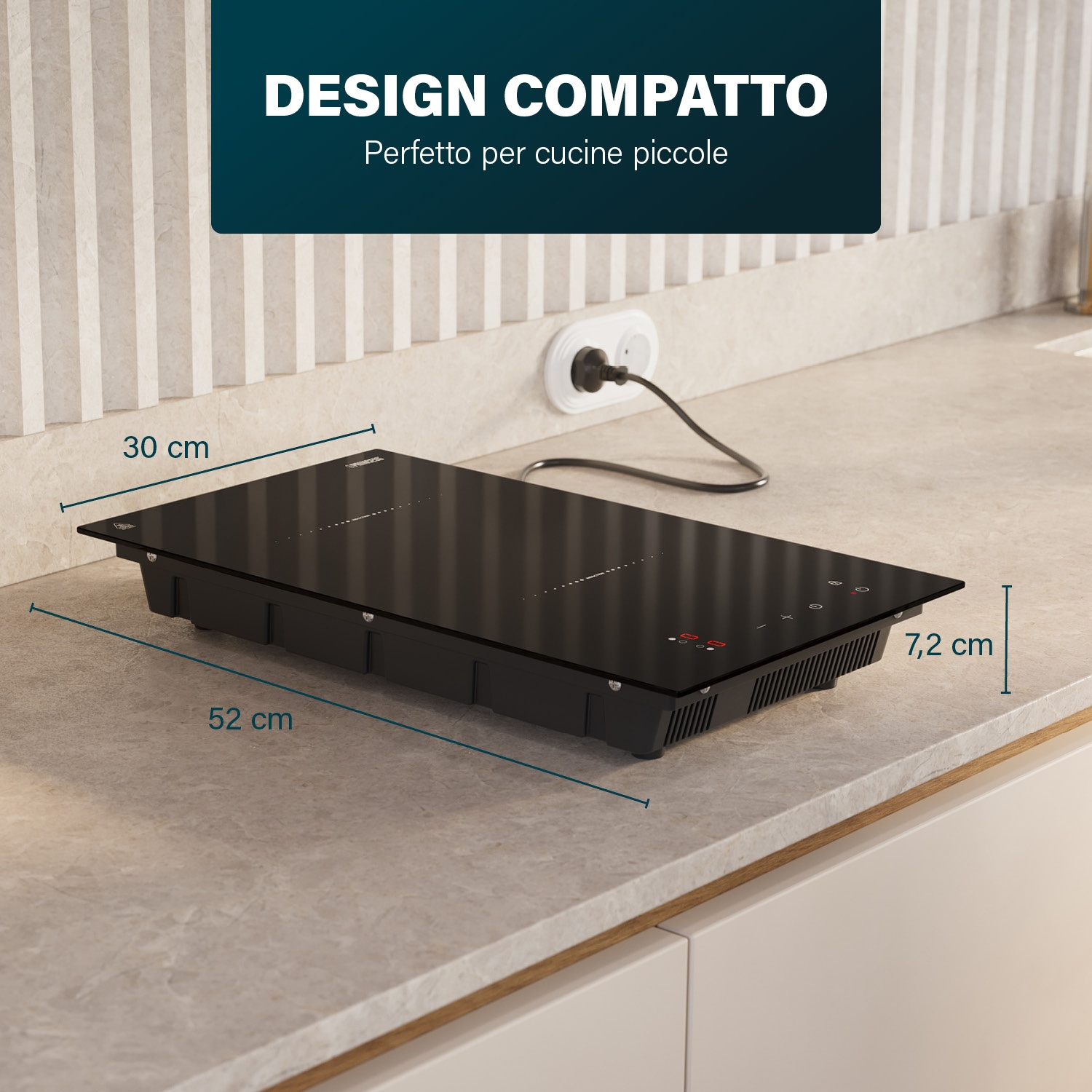 Un piano cottura a induzione nero con dimensioni su un piano di lavoro.