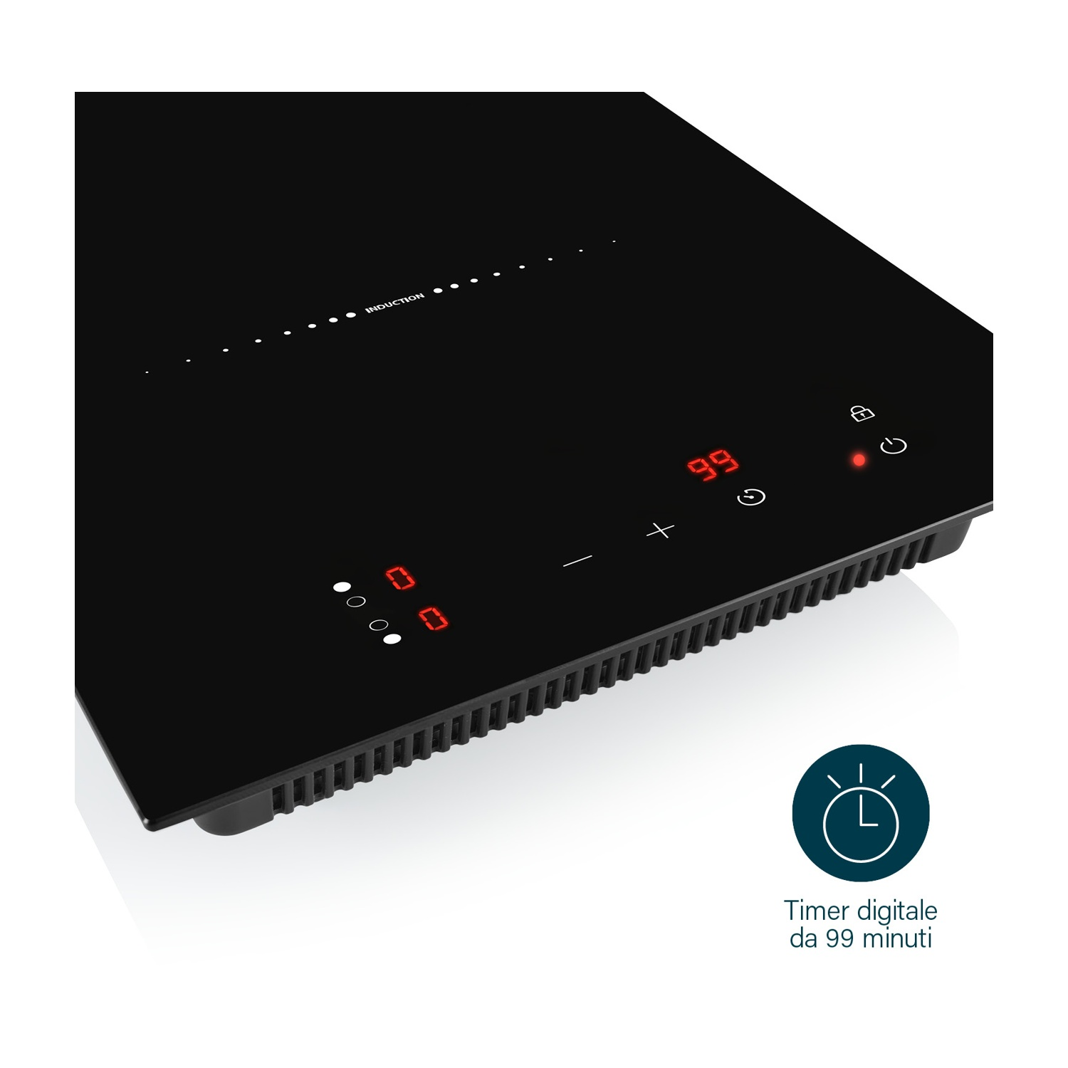 Piano cottura a induzione nero con display digitali e icona timer.