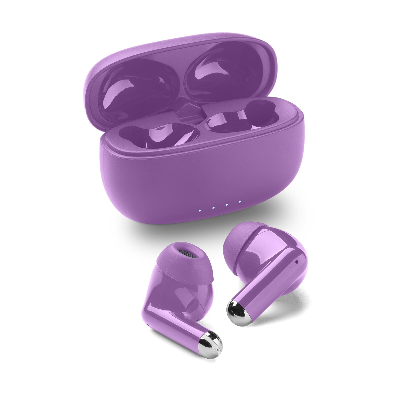 Auricolari wireless viola con custodia di ricarica, uno fuori dalla custodia aperta.