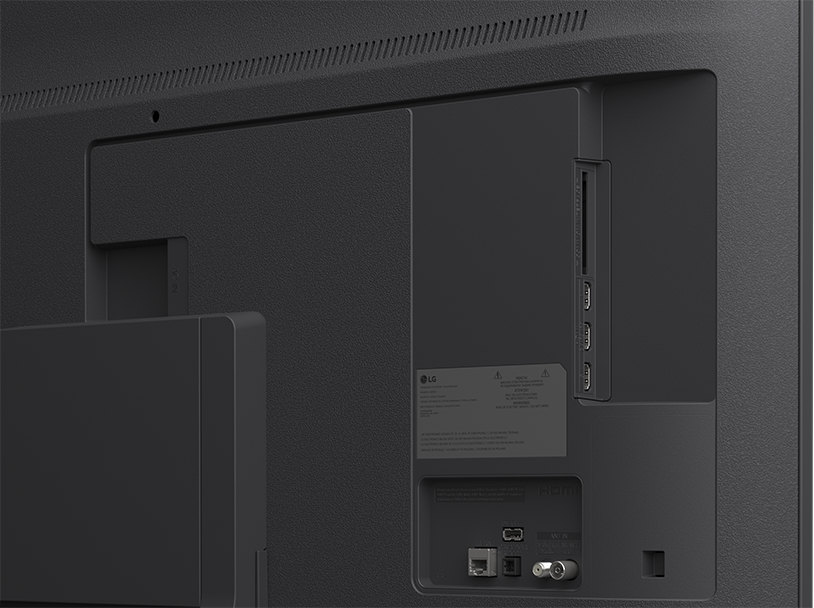 Fekete TV hátoldala csatlakozókkal: HDMI, LAN, Antenna, AV IN.