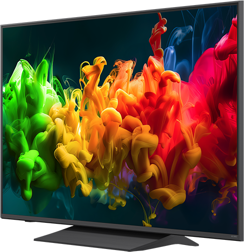 Modern TV, sötét háttéren, füstre vagy tintára emlékeztető színes örvényekkel.