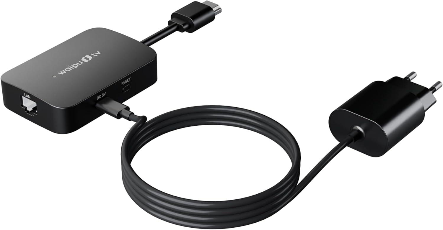Schwarzer Waipu.tv-Stick mit LAN, DC 5V, Reset-Tasten, Netzteil und Kabel.