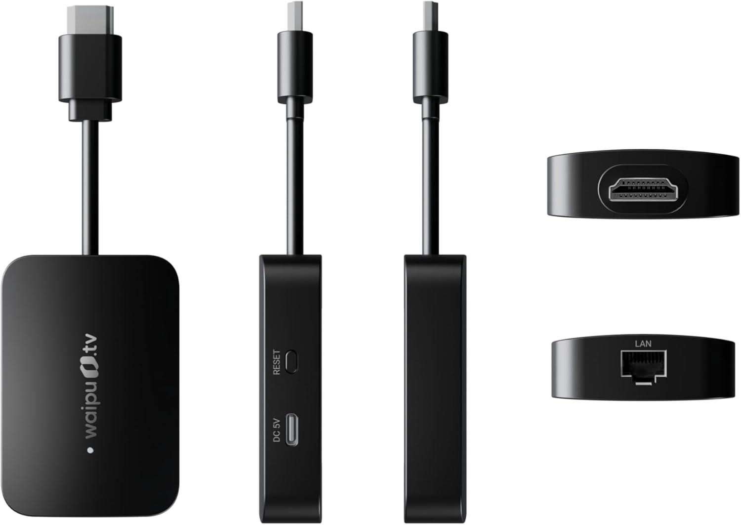 Drei schwarze Streaming-Sticks: einer mit HDMI, einer mit Reset/DC 5V, einer mit LAN.