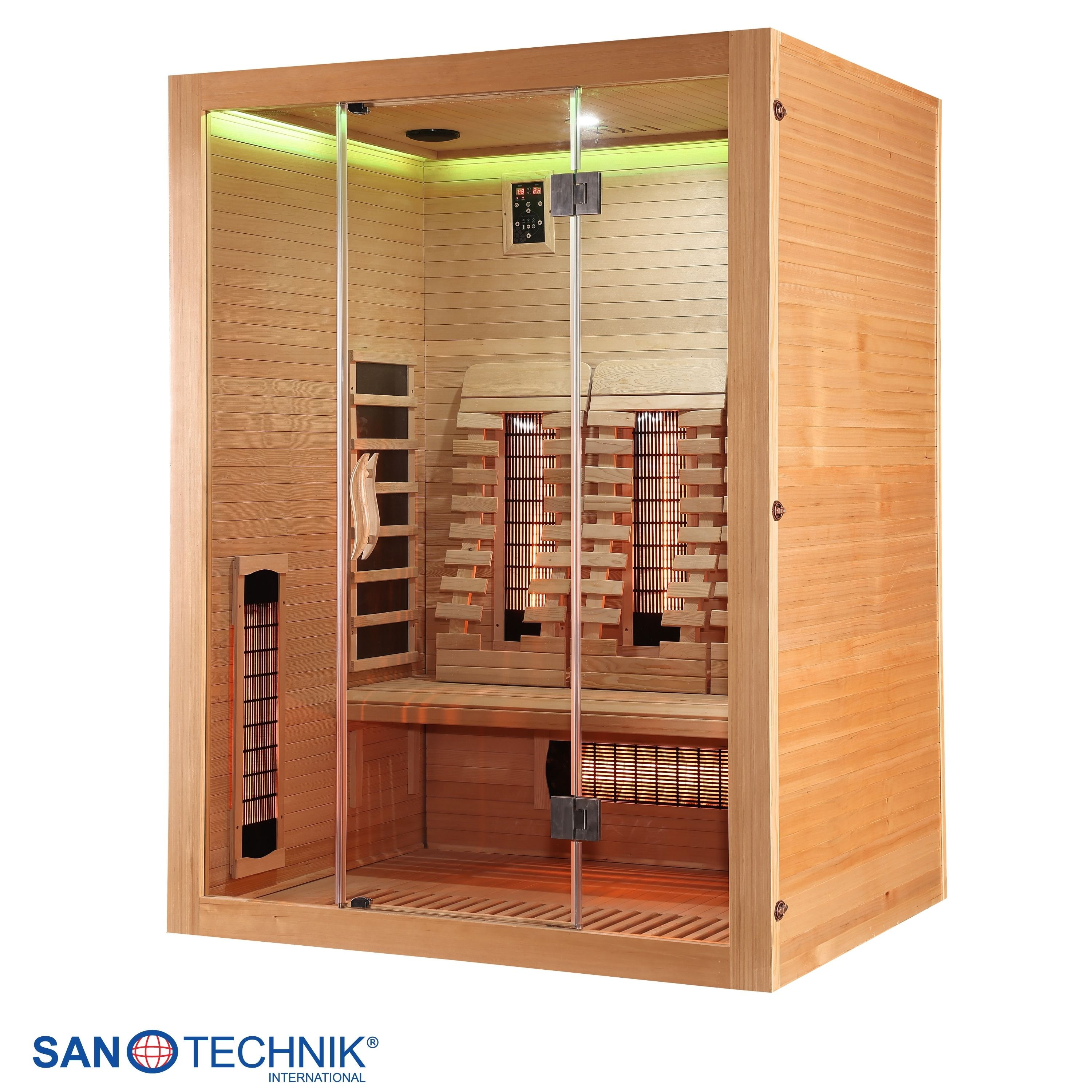 Eine moderne Holzhüttensauna mit Glastür, Holzbänken und Heizpaneelen.