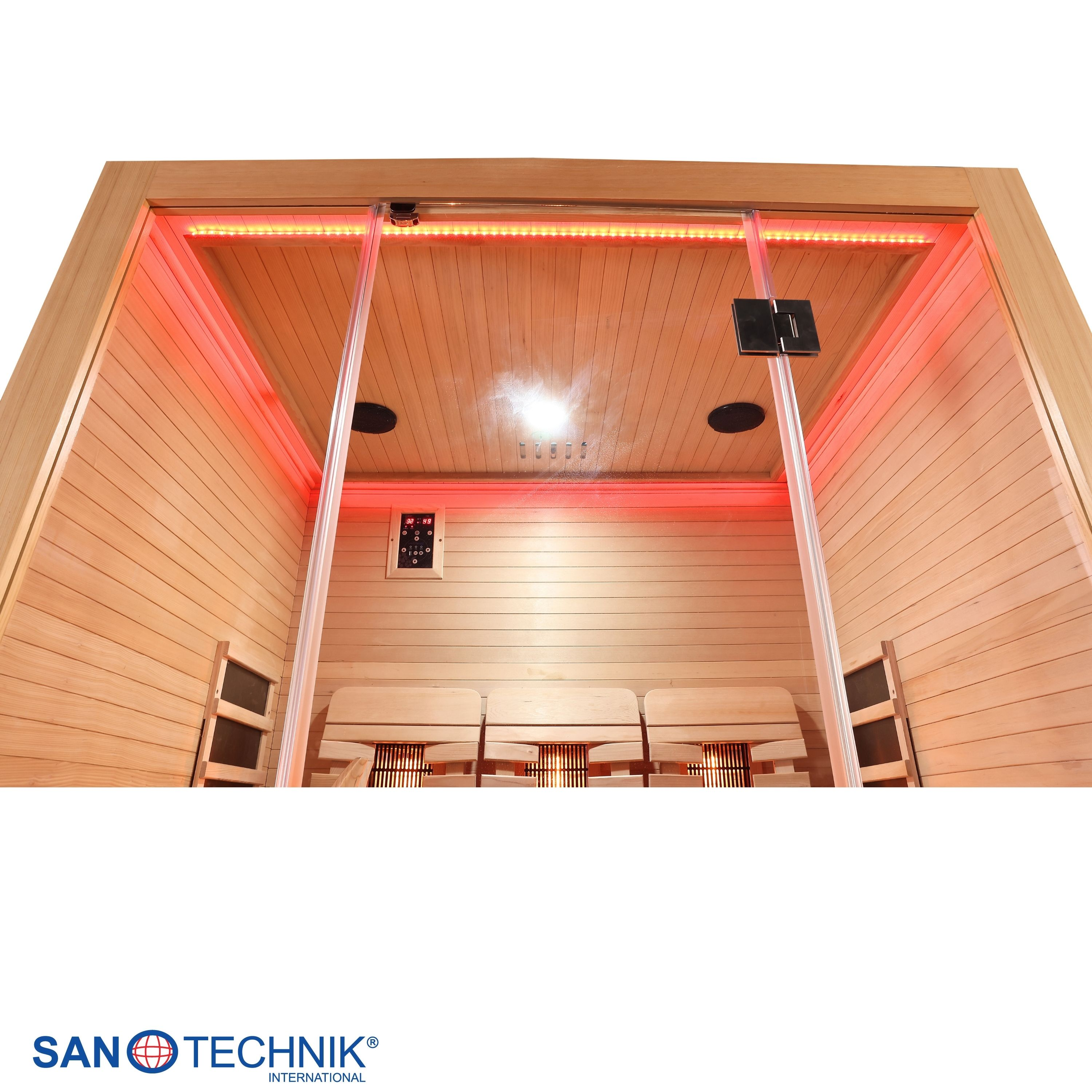 Eine Holzsauna mit Glasfront und Sitzbänken, beleuchtet von roten LEDs.