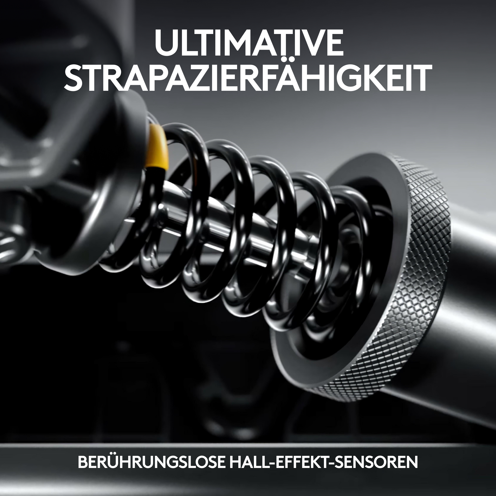 Detailaufnahme einer Metallfeder mit einem gelben Akzent. "ULTIMATIVE STRAPAZIERFÄHIGKEIT"