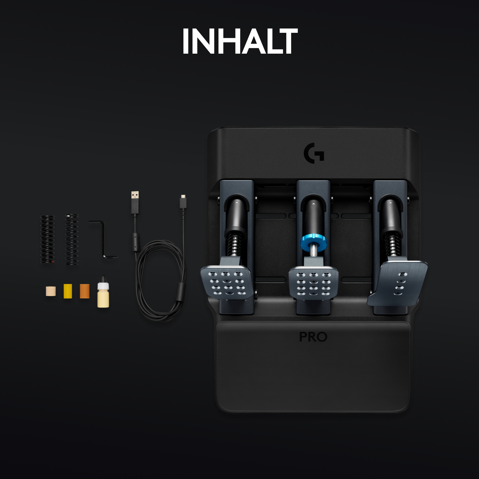 Logitech G PRO Pedale mit Zubehör: Federn, Kabel, Werkzeug und Flüssigkeit.