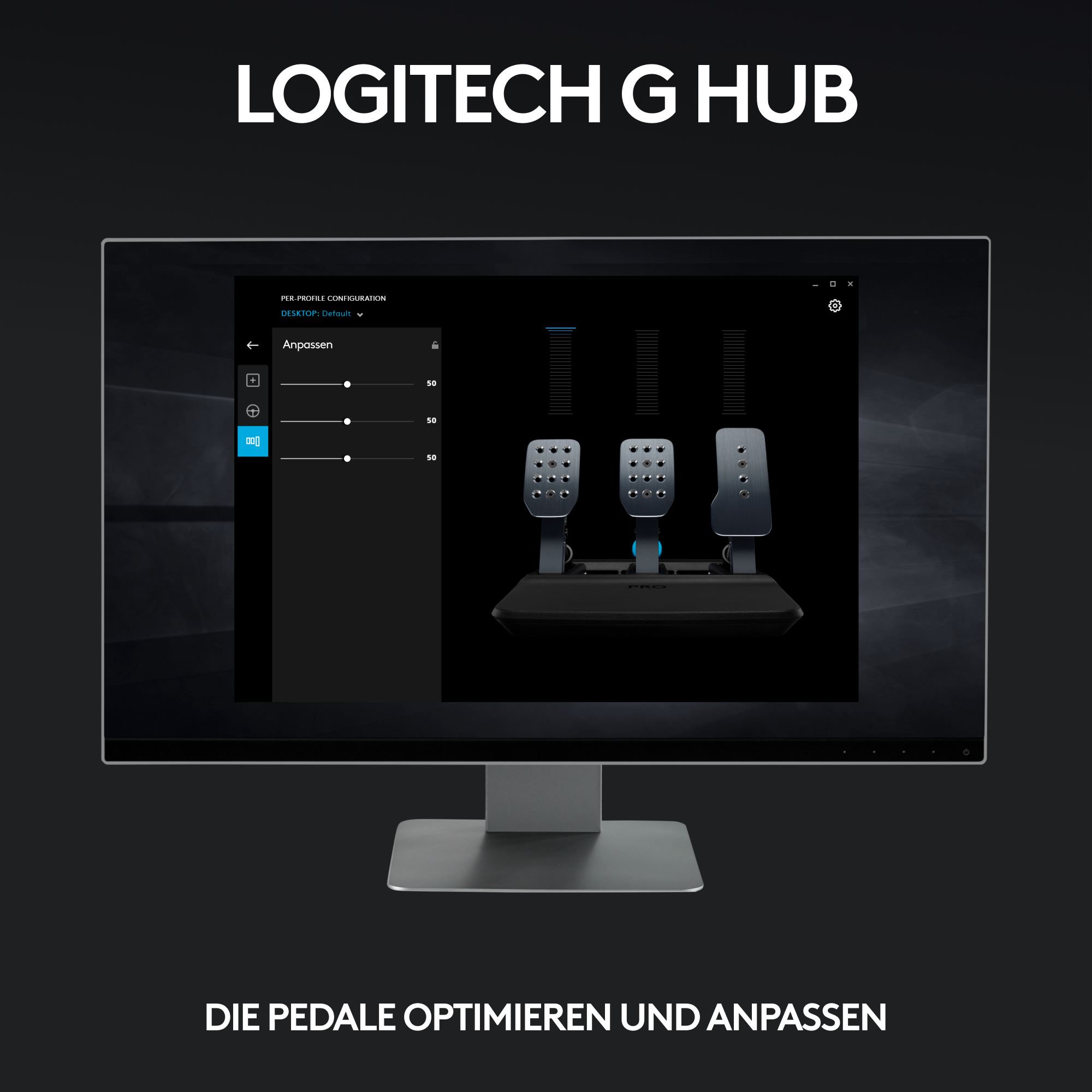 Logitech G Hub zeigt eine Pedal-Konfiguration mit drei Pedalen.