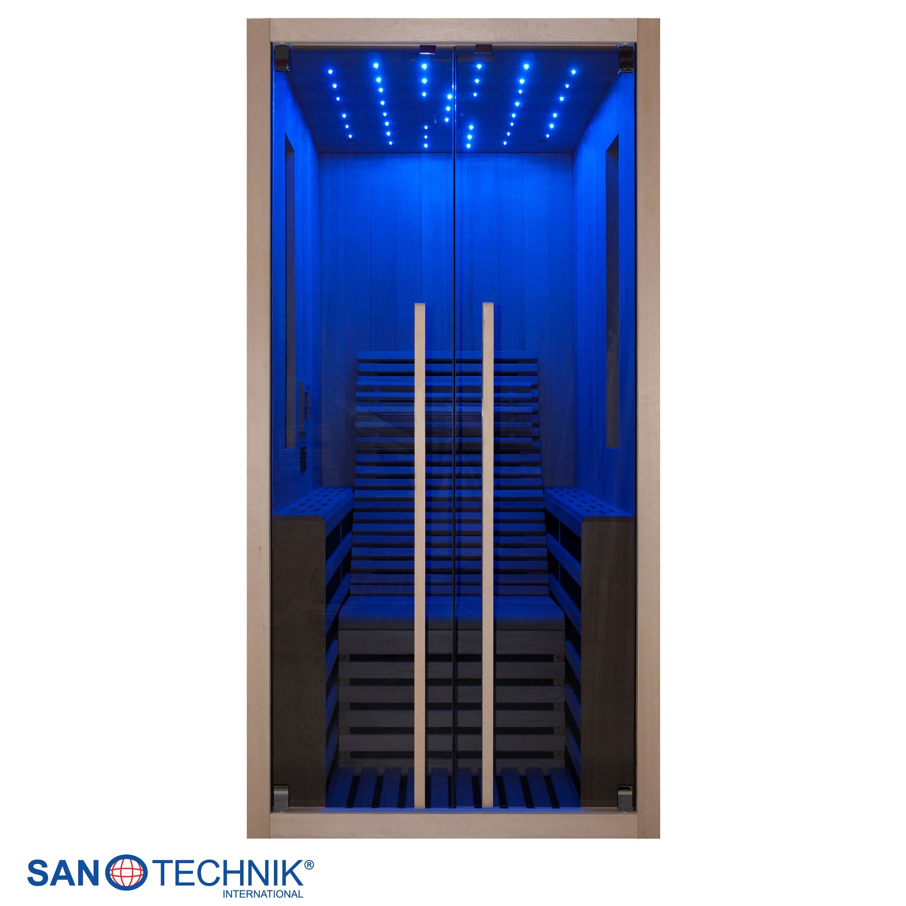 Eine Holzkabine mit Glastüren, beleuchtet mit blauen LEDs. Sitzbänke sind sichtbar.