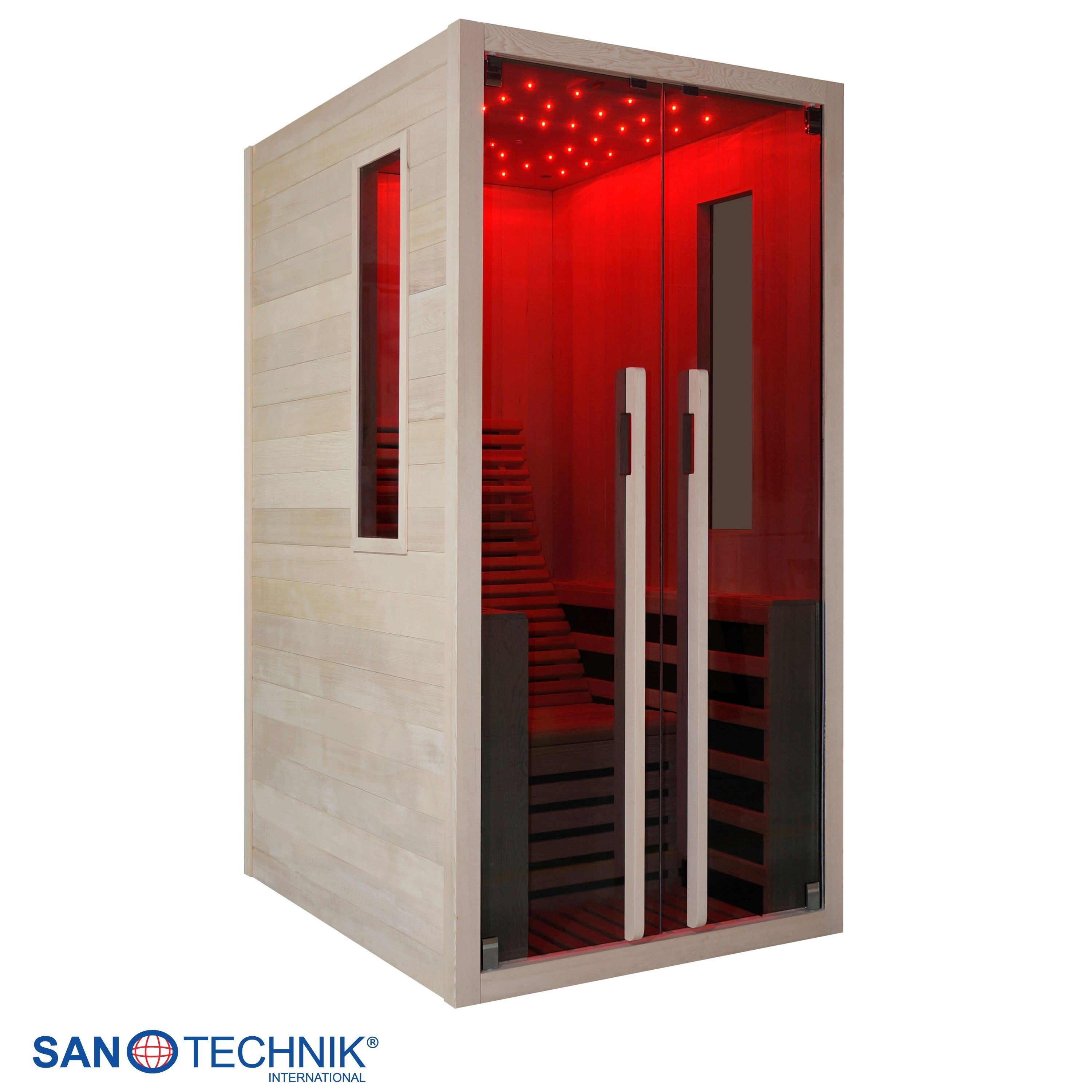 Holzsauna mit Glastür, roten Lichtern an der Decke und Sitzbänken.