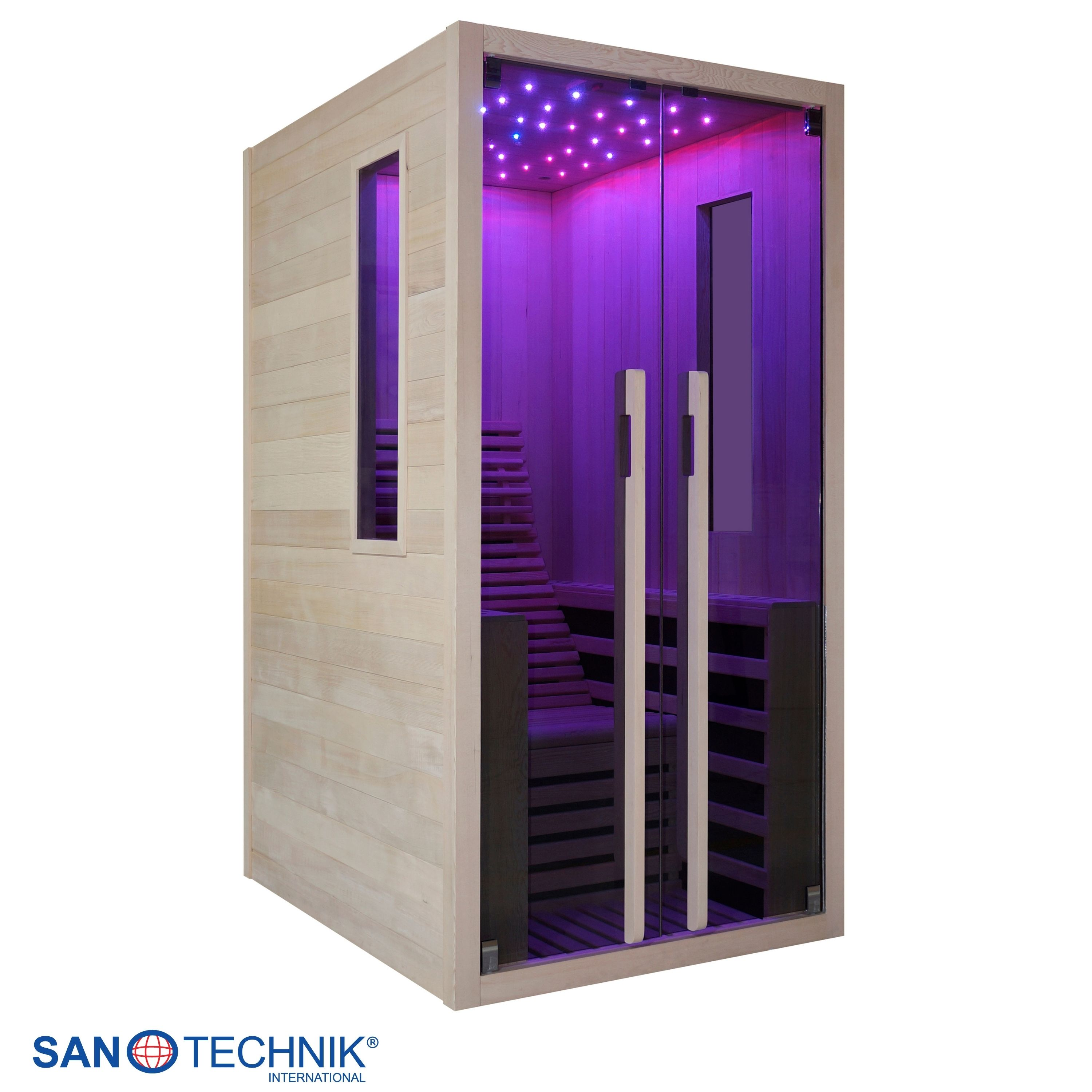 Eine Holzsauna mit Glastür, Bänken und violetter Beleuchtung.