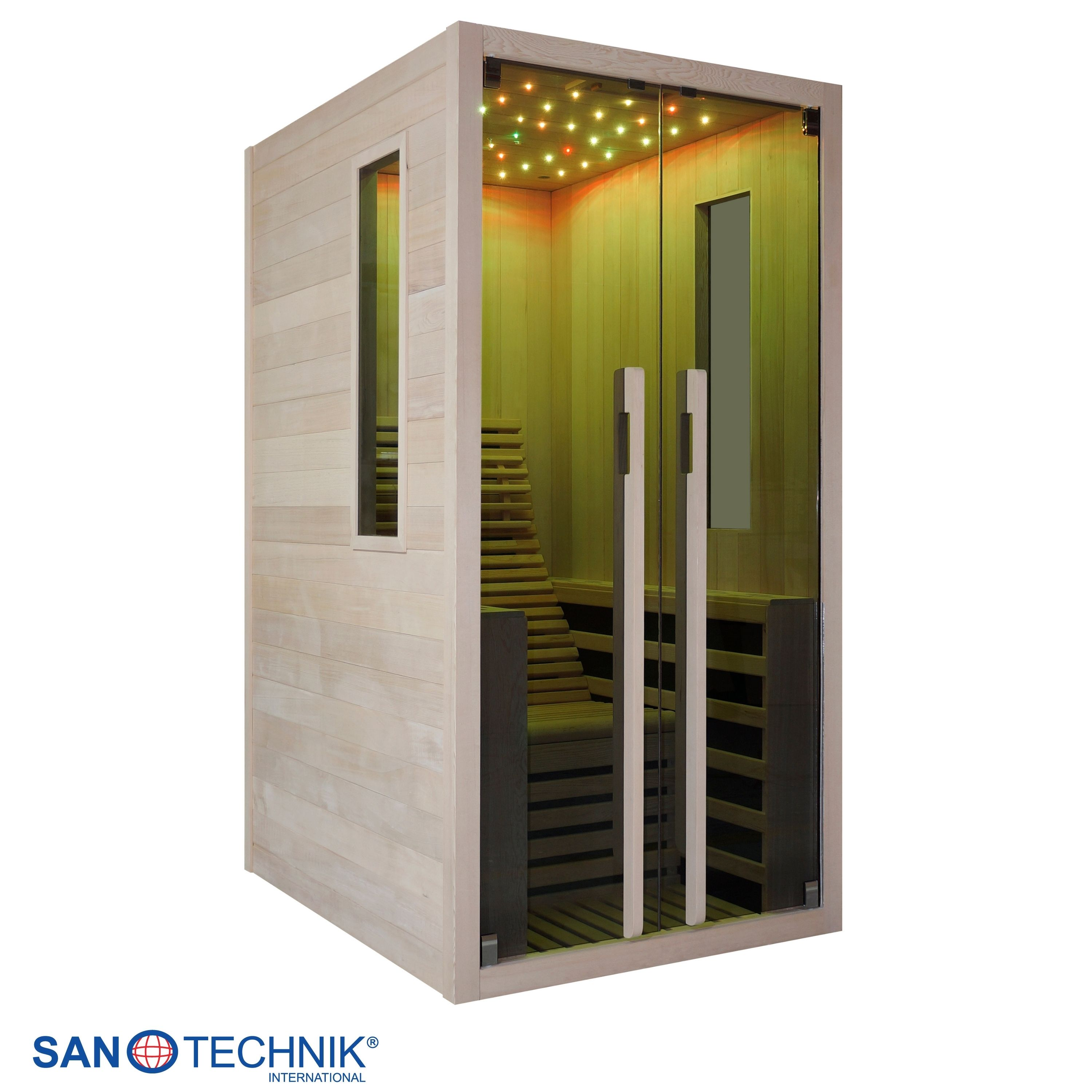 Eine Holzhüttensauna mit Glastür und LED-Beleuchtung im Inneren.