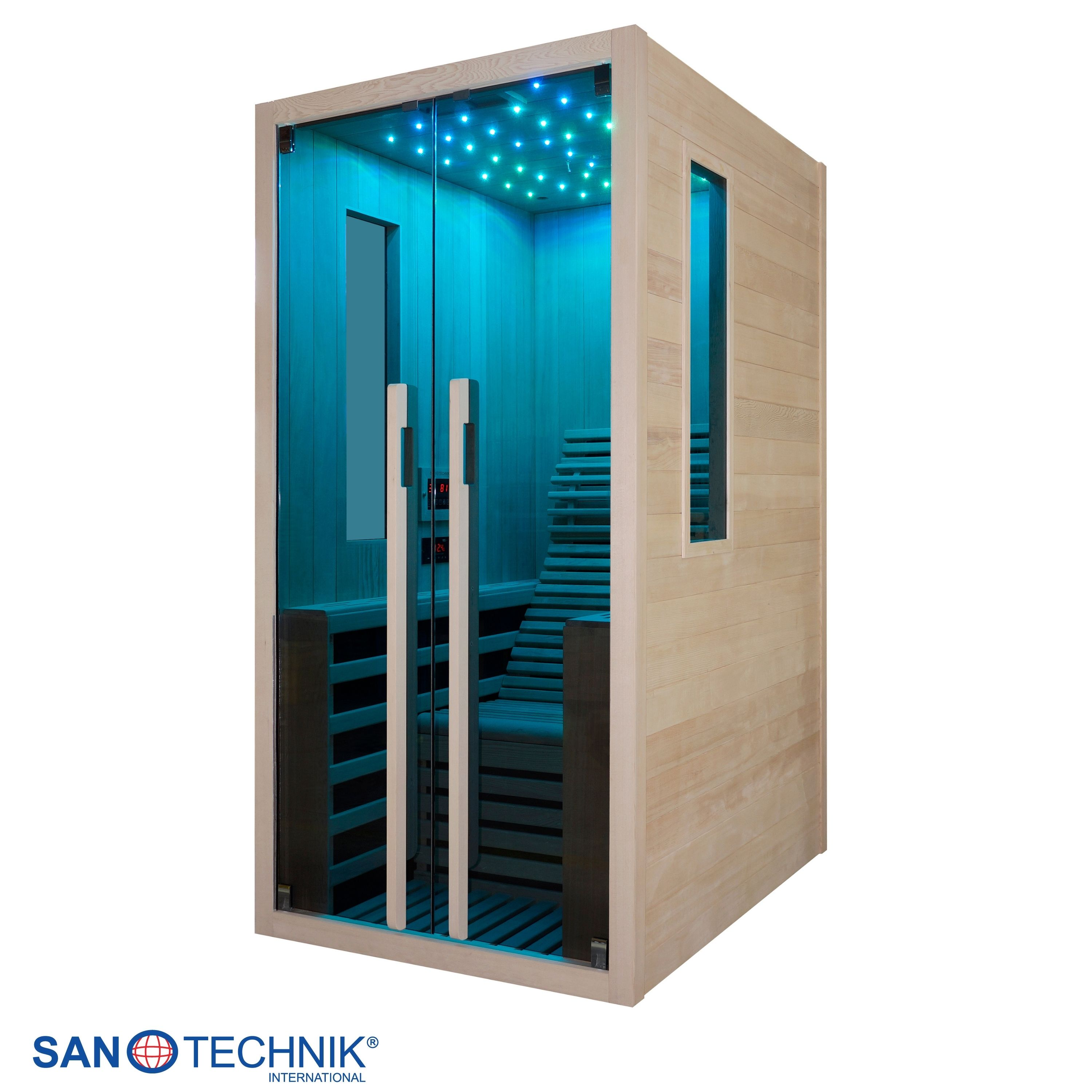 Eine moderne Holzkabine mit Glastür, beleuchtet mit blauen und grünen LEDs.