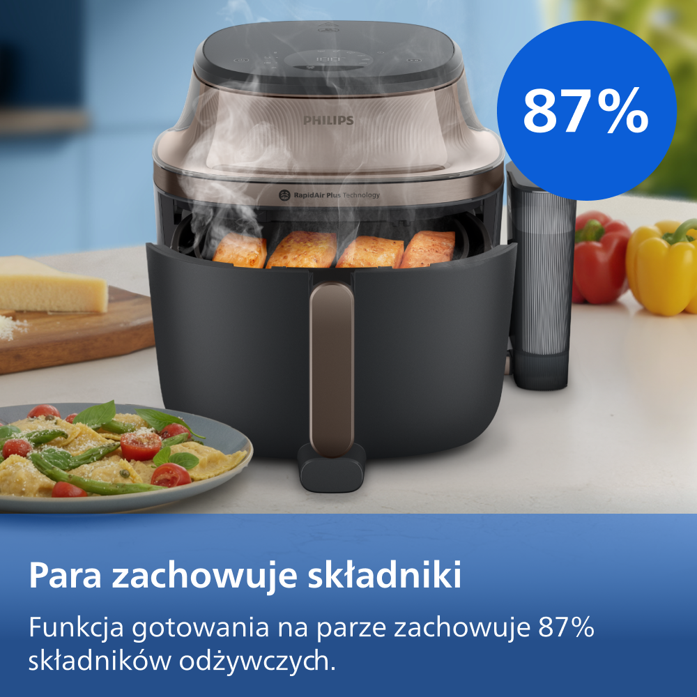 Frytkownica beztłuszczowa z parującym łososiem i ikoną 87%.