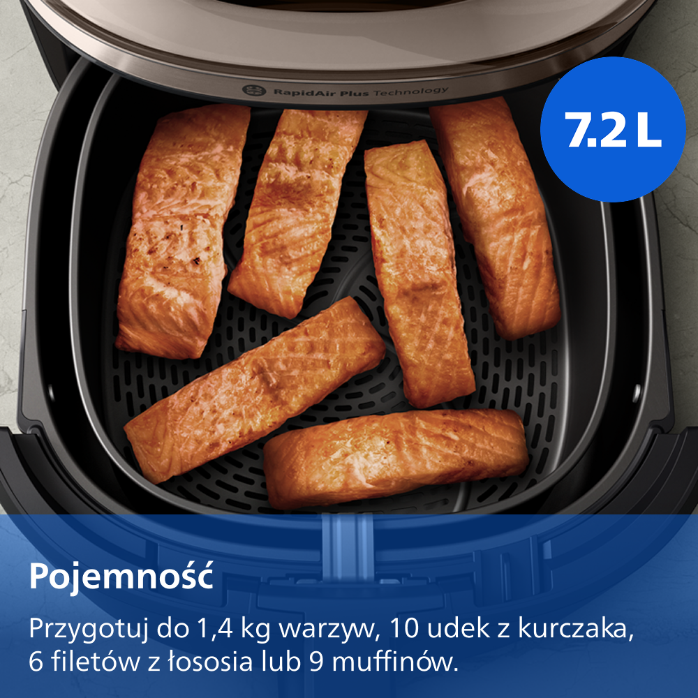 Sześć filetów łososia w czarnym koszu frytkownicy beztłuszczowej z oznaczeniem 7,2L.
