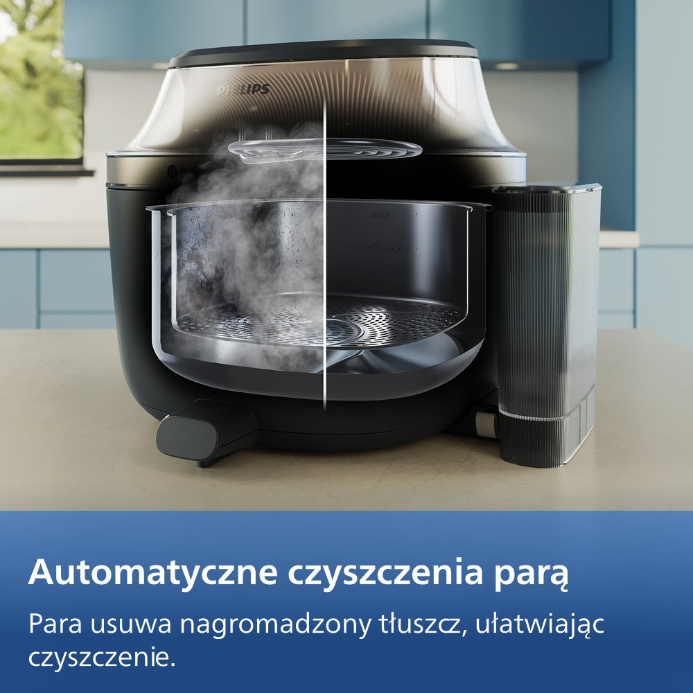 Parowar z przezroczystą wkładką generującą parę. Obok zbiornik na wodę.