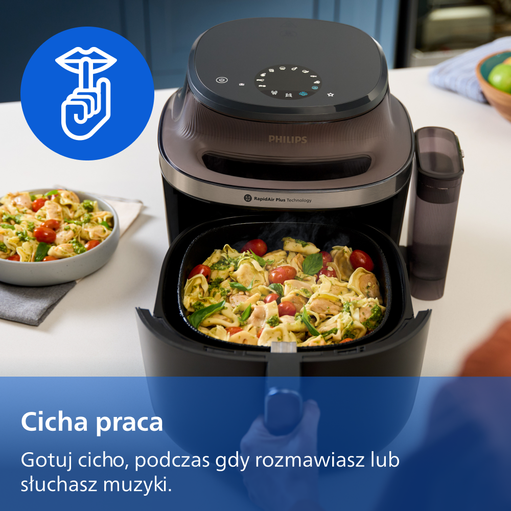 Frytkownica Philips z miską makaronu i symbolem ciszy.
