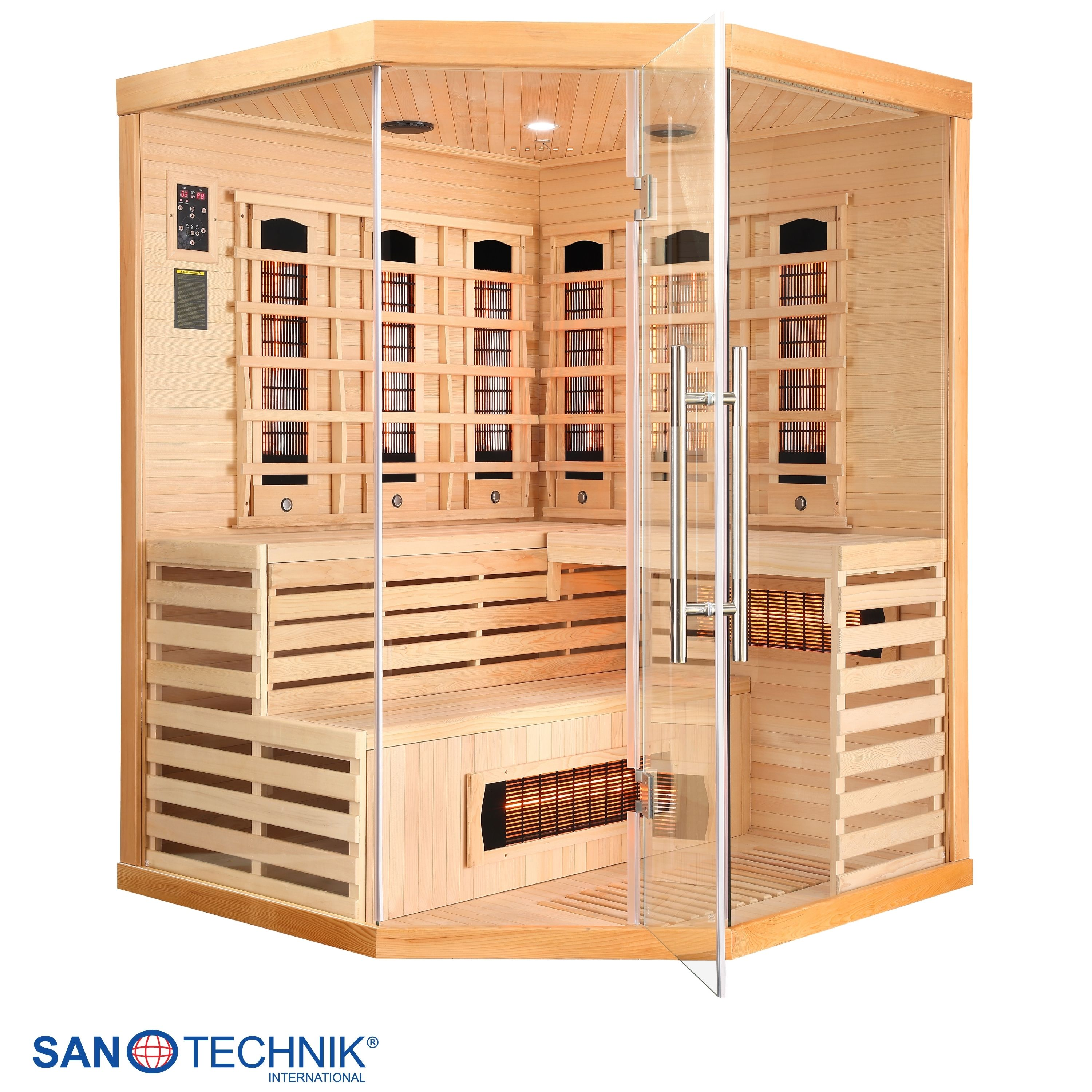 Eine Eck-Sauna aus Holz mit Glastür und Bedienfeld.