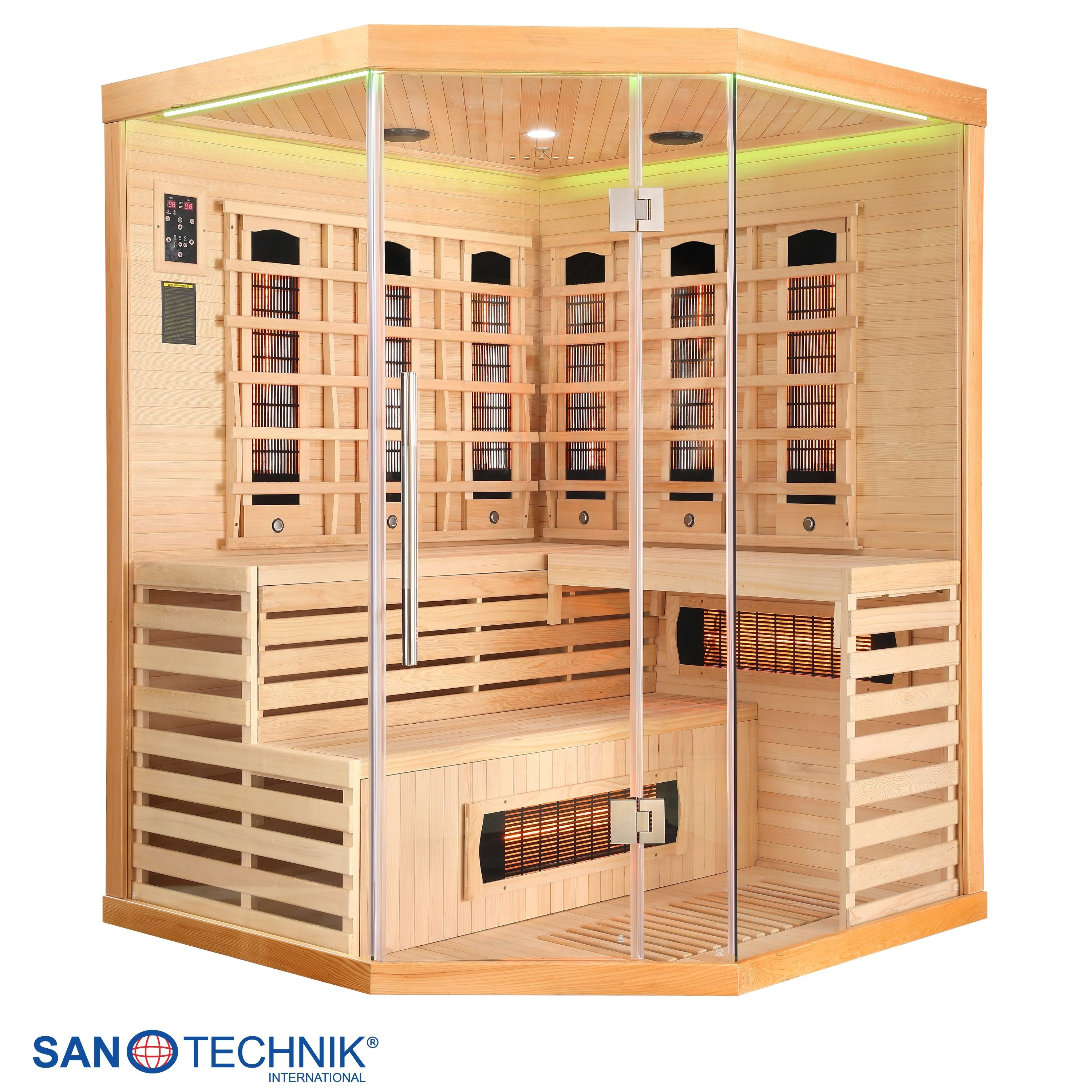 Holzsauna mit Glasfront, Bänken, Heizstrahlern und LED-Beleuchtung.