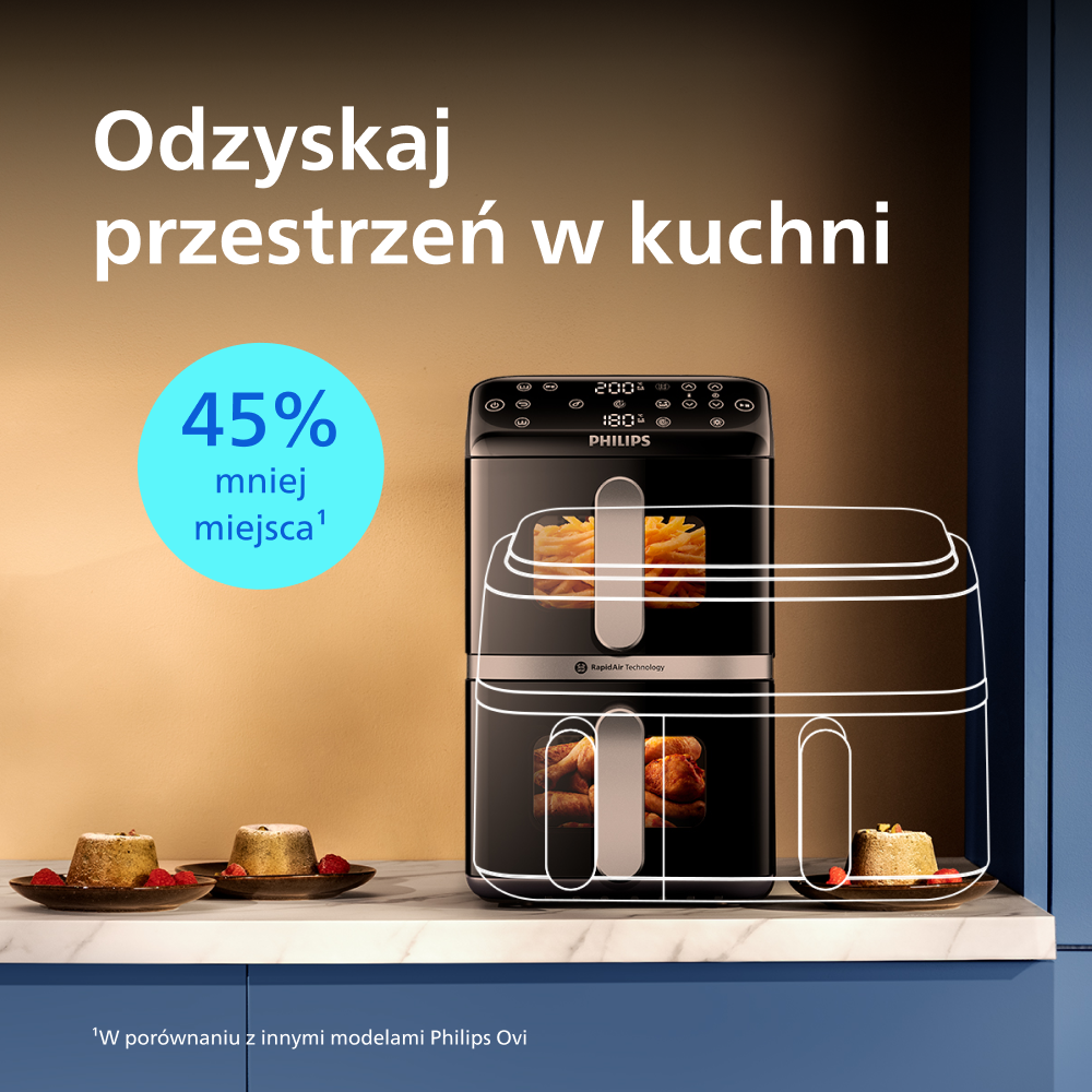 Czarna frytkownica Philips z dwoma szufladami, obok ciastka.