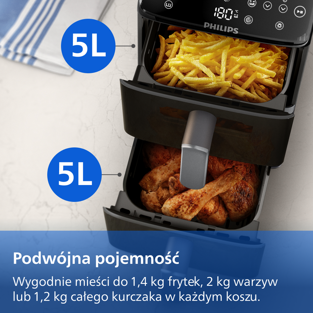 Podwójna frytkownica powietrzna 5L z frytkami i kurczakiem.