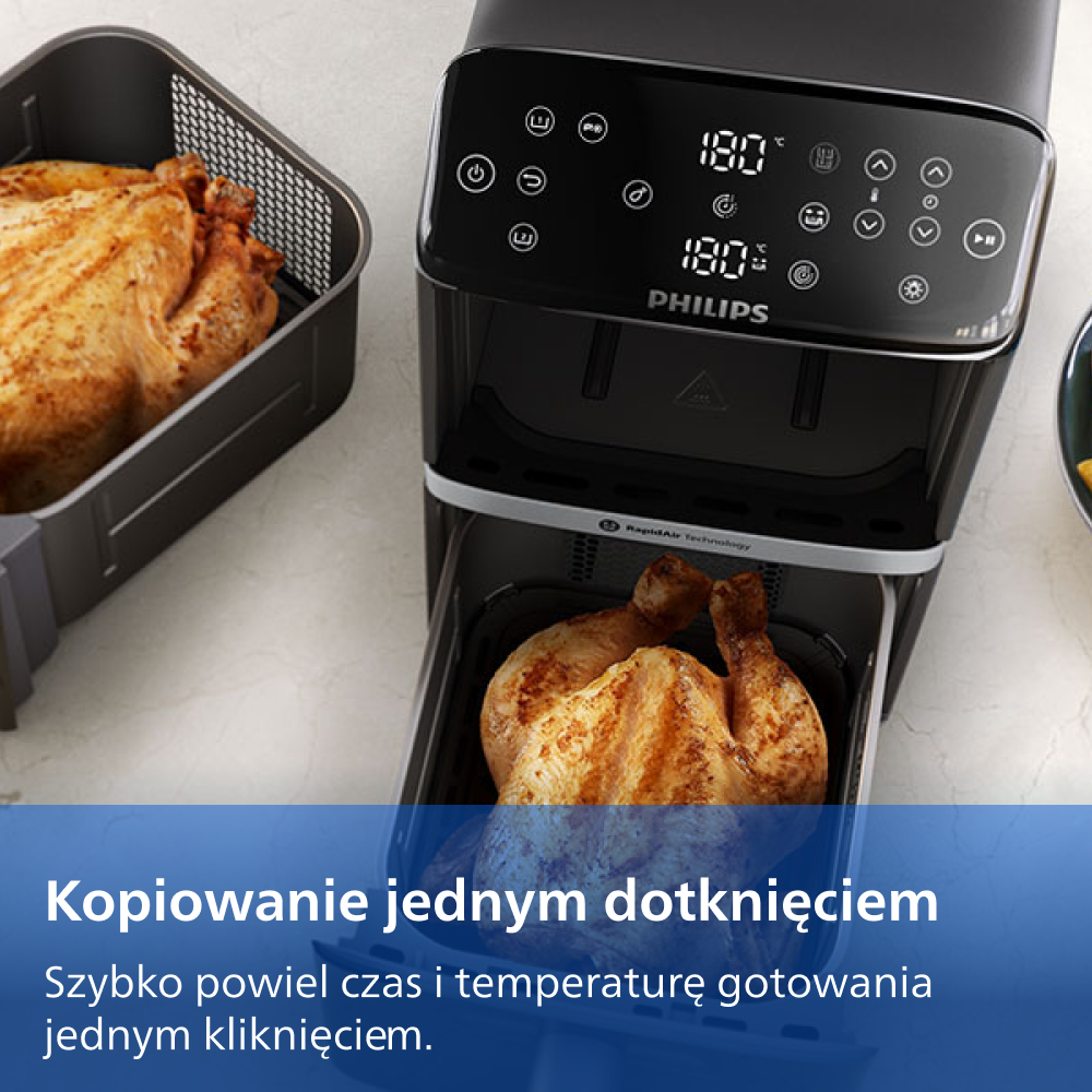Czarna frytkownica beztłuszczowa Philips z dwoma pieczonymi kurczakami.