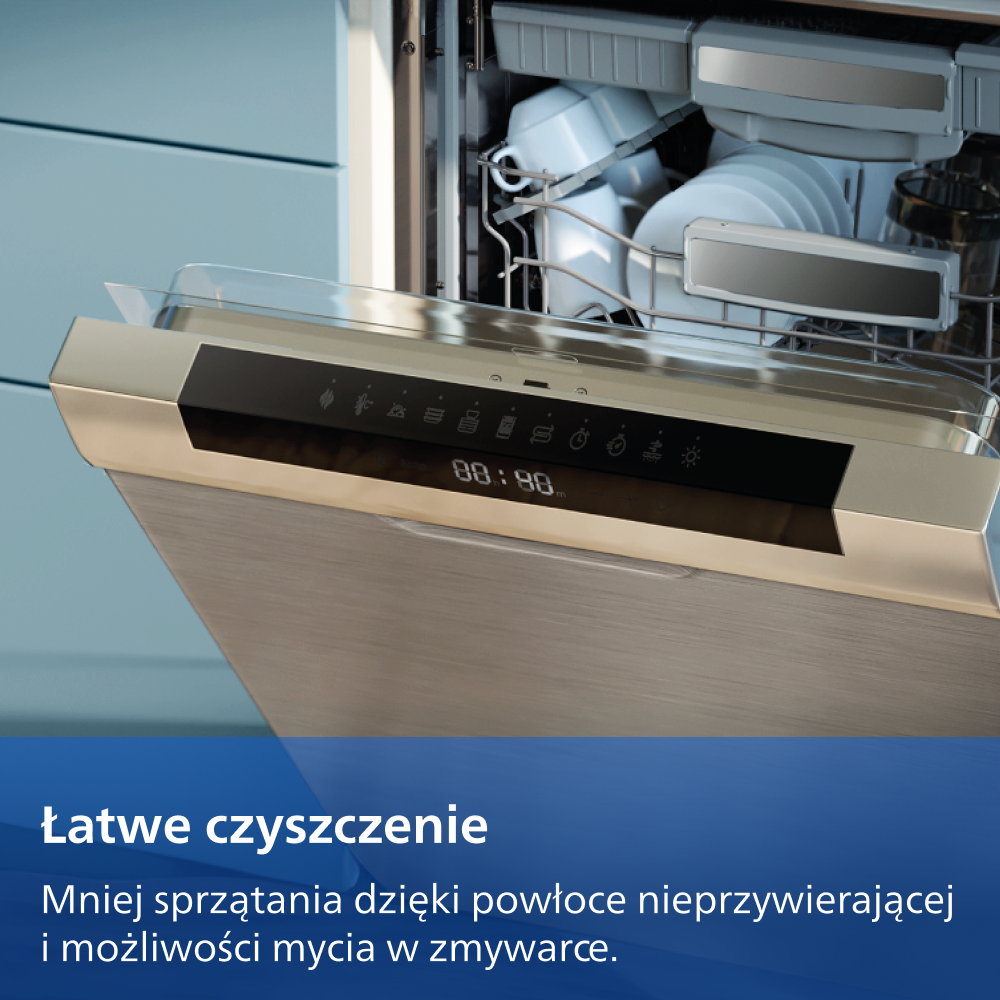 Zmywarka z otwartymi drzwiami, pełna naczyń. Wyświetlacz cyfrowy pokazuje 00:00.