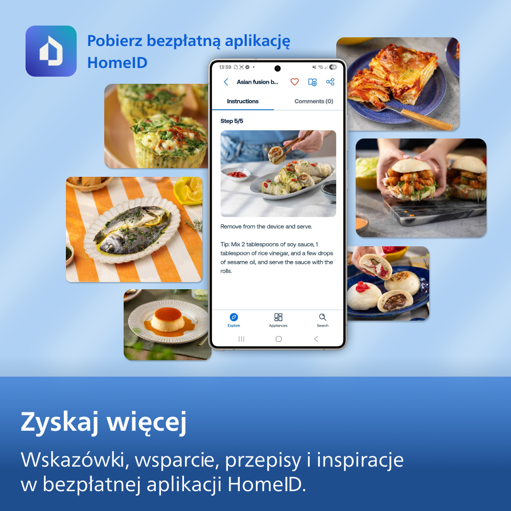 Interfejs aplikacji pokazuje przepisy kulinarne: lasagne, burgery i ryby.