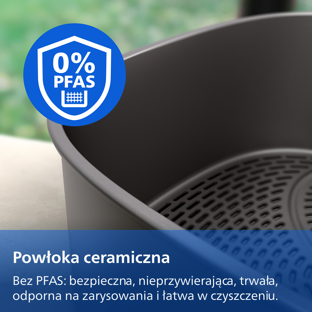 Czarna frytkownica beztłuszczowa z logo 0% PFAS. Powłoka ceramiczna.