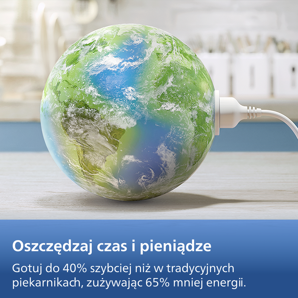 Planeta Ziemia z wtyczką i kablem, symbolizująca oszczędność energii.